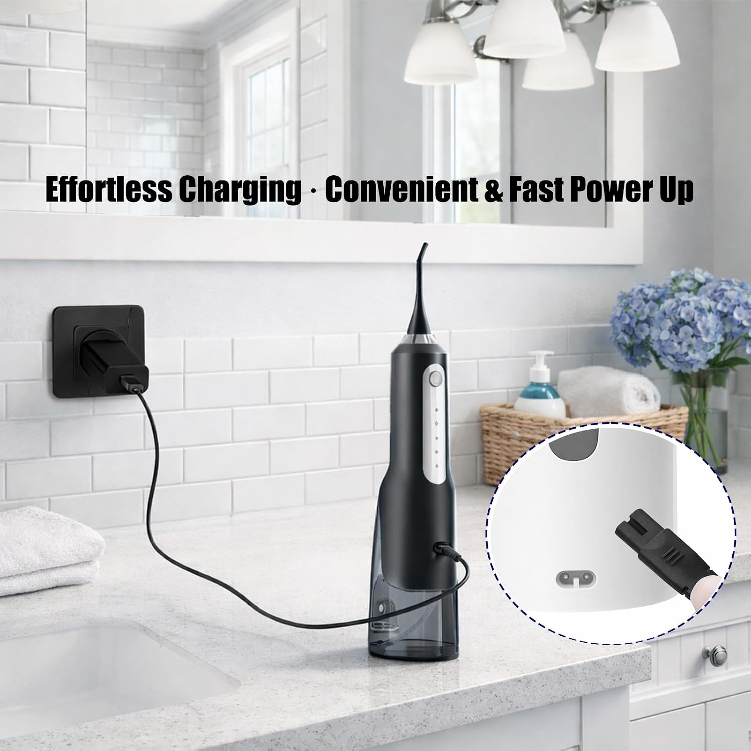 USB Charging Cable for Water Flosser, Compatible with Nicwell Insmart Fairywill Nicefeel Mospro 2 Prong Figure-8 Power Cord Replacement, 2-Pack（Black）