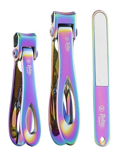 Beautรฉ Secrets Luxury Nail Cutter Set With Nail Filer, Fingernail & Toenail Clipper with Sharp and Sturdy Blade, Premium Stainless Steel Nail Set with 17mm Wide Jaw Opening for Thick Nails (Rainbow)