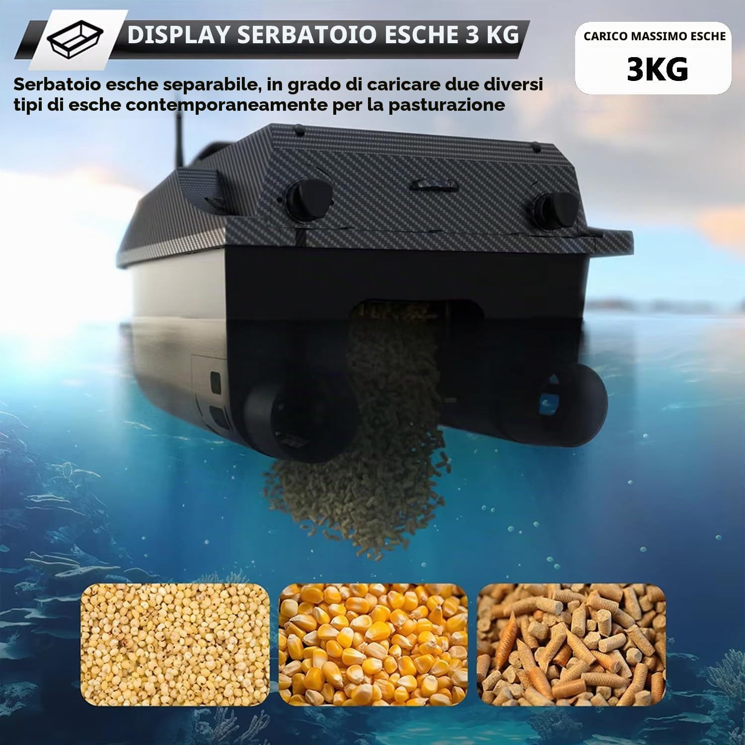 Barca Esca da Pesca RC con GPS ed Ecoscandaglio, Bait Boat Telecomandata, 180 Waypoint, Controllo 800 m, Serbatoi Esca 3 kg, Ritorno Automatico, Rilascio Amo e Rete, Nera