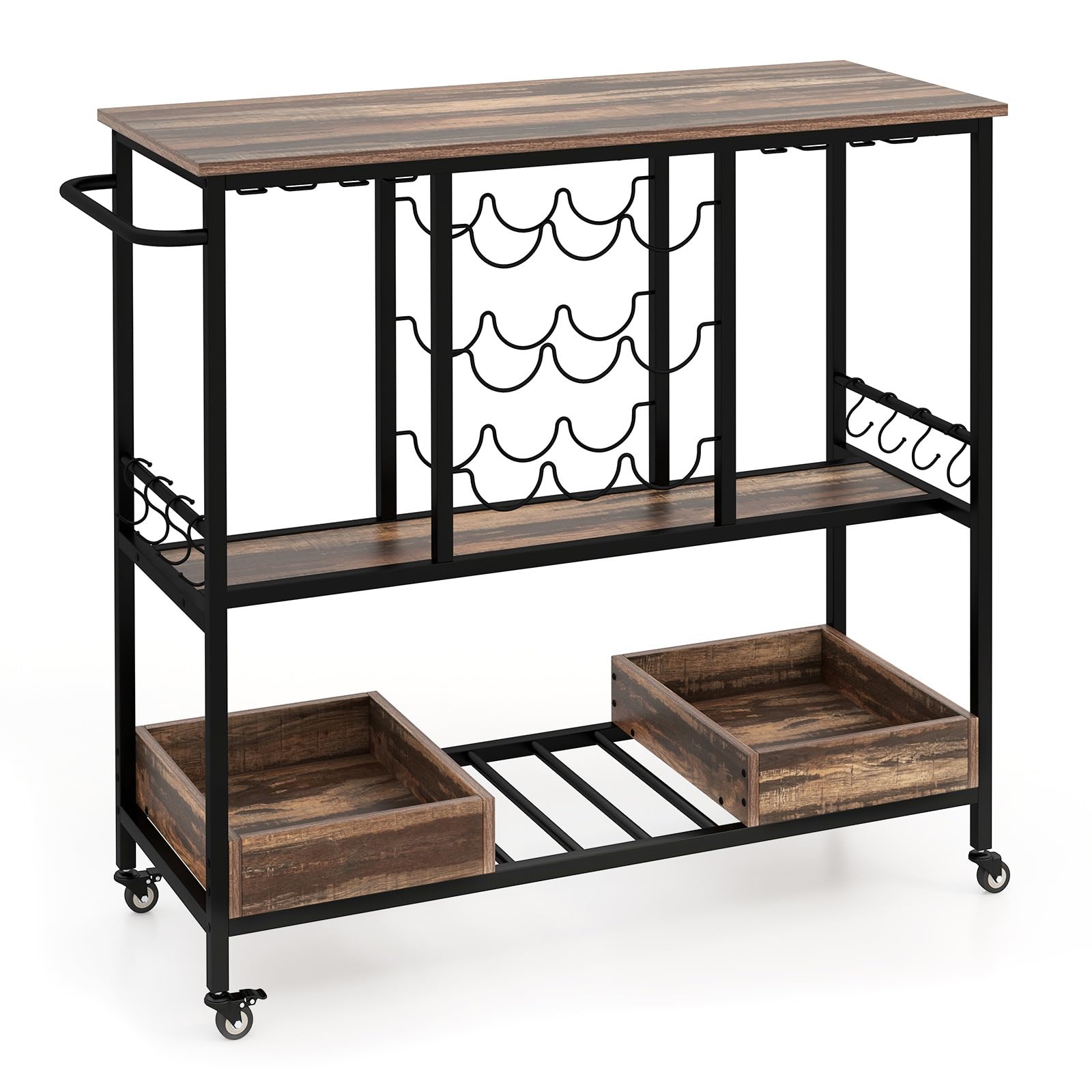 GIANTEX Carrello di Servizio Industriale a 3 Livelli, Carrello da Cucina con Portabicchieri, Porta Bottiglie, 107,5x40x91,5 cm