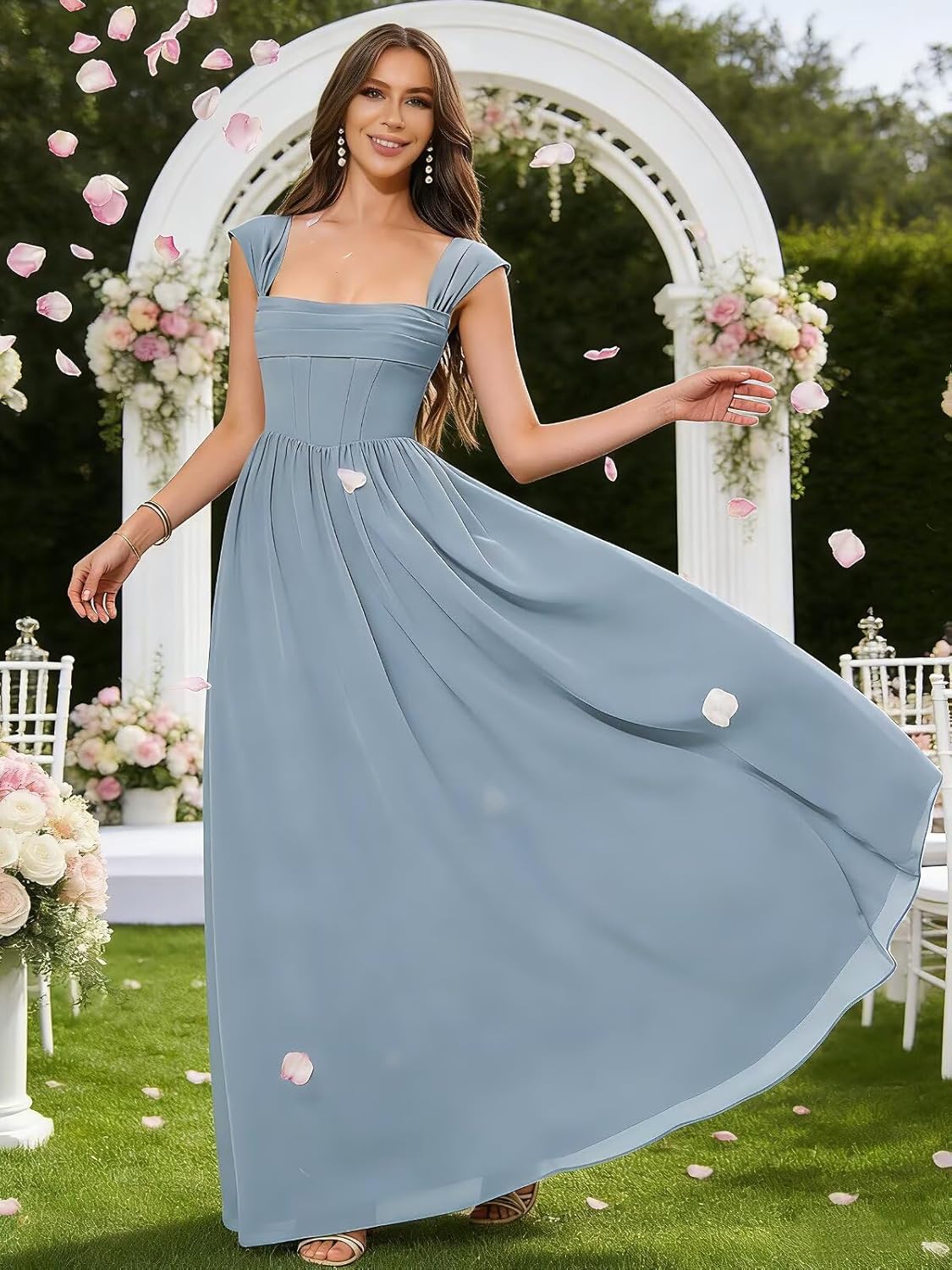 Square Neck Long Bridesmaid Dresses with Pockets Corset Cap Sleeve Off The Shoulder Formal Evening Wedding Guest Gown - Image 3