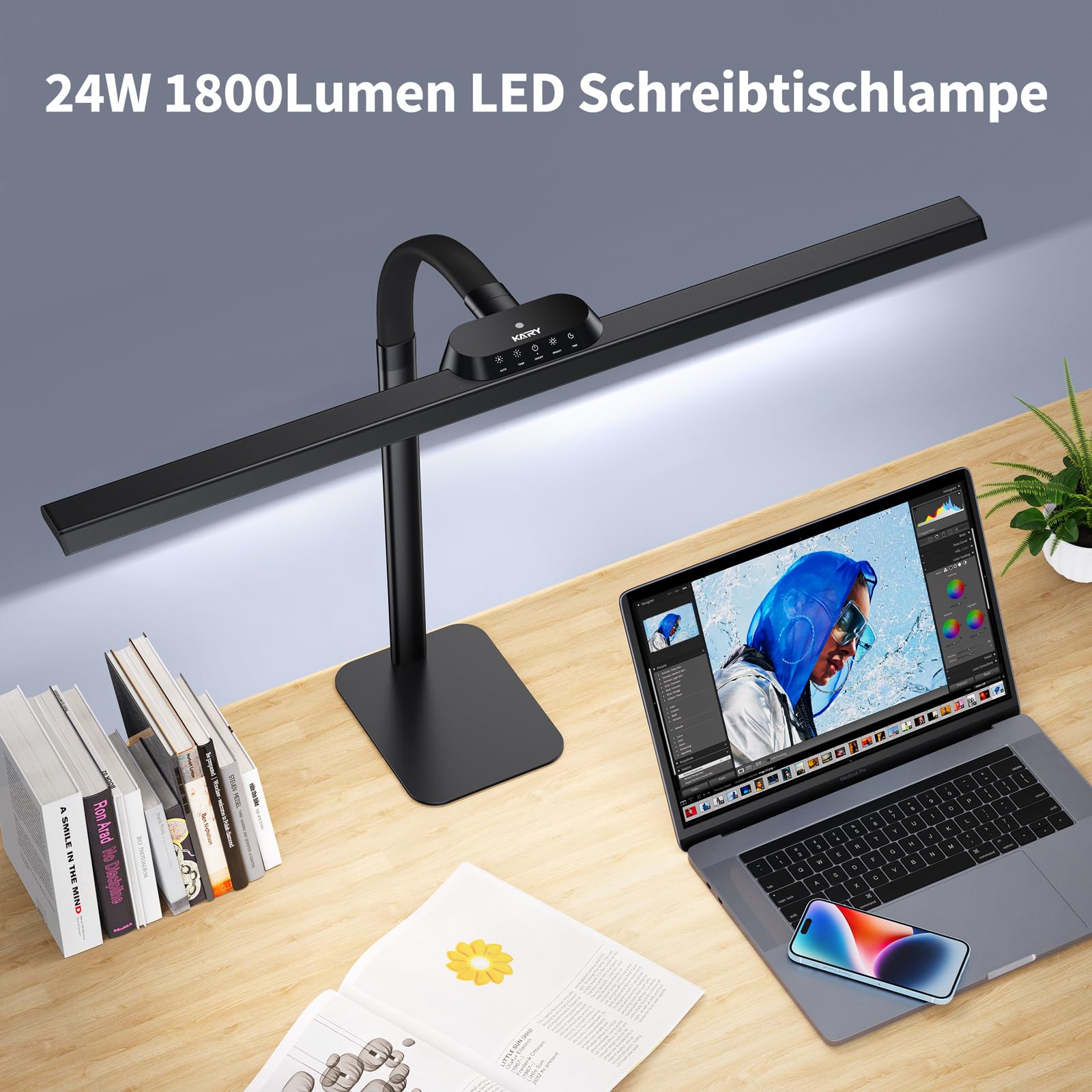 Kary Lámpara de escritorio LED con base, 24W 80cm 1800Lumen Lámpara de luz diurna regulable ultra brillante con Standfu para oficina, trabajo, diseño, arquitecto, regulación automática