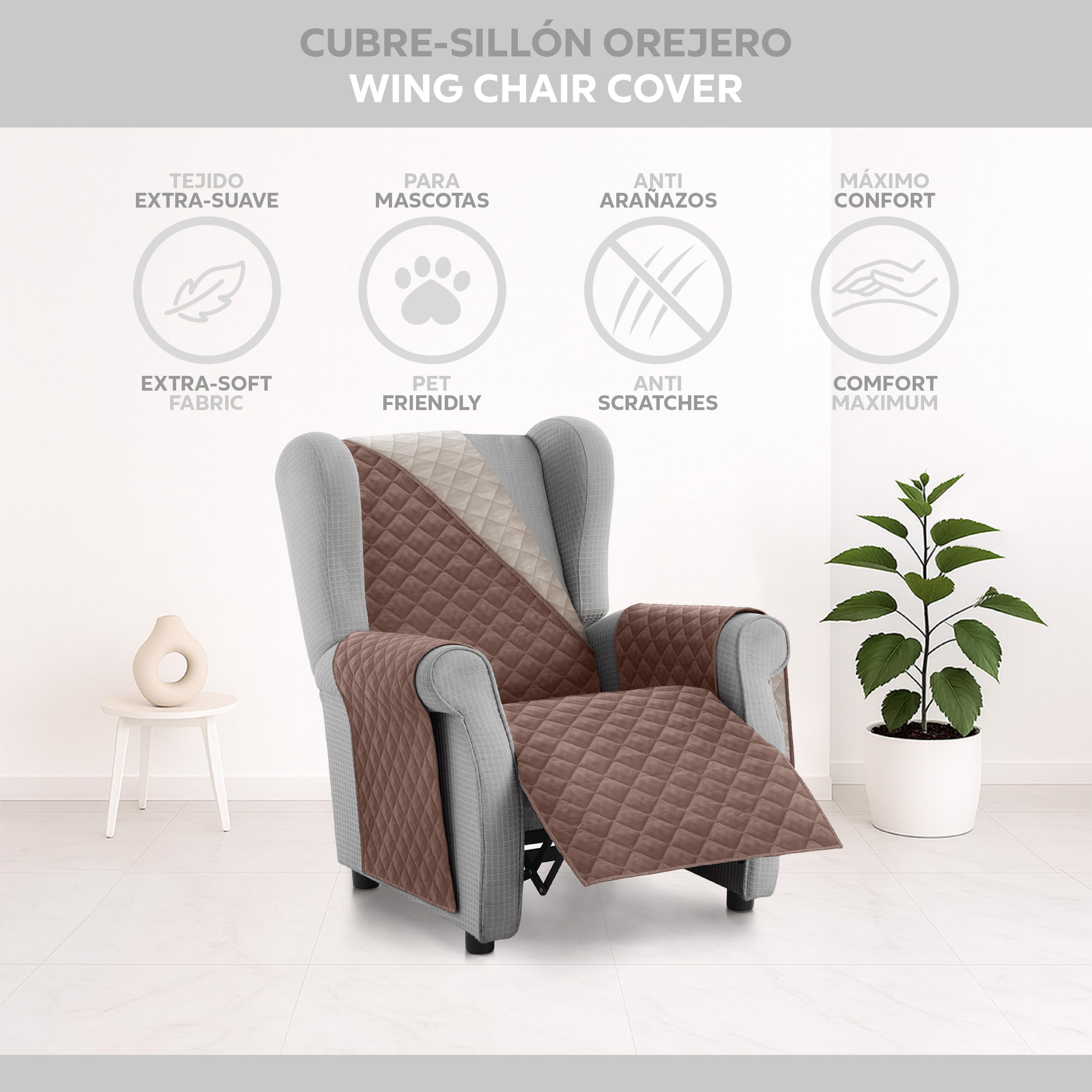 Textilhome Copridivano Malu 1 Posti con Braccioli – Copripoltrona Relax e Orecchioni Reversibile, Imbottito, Protezione Antigraffio per Divani, Colore Marrone