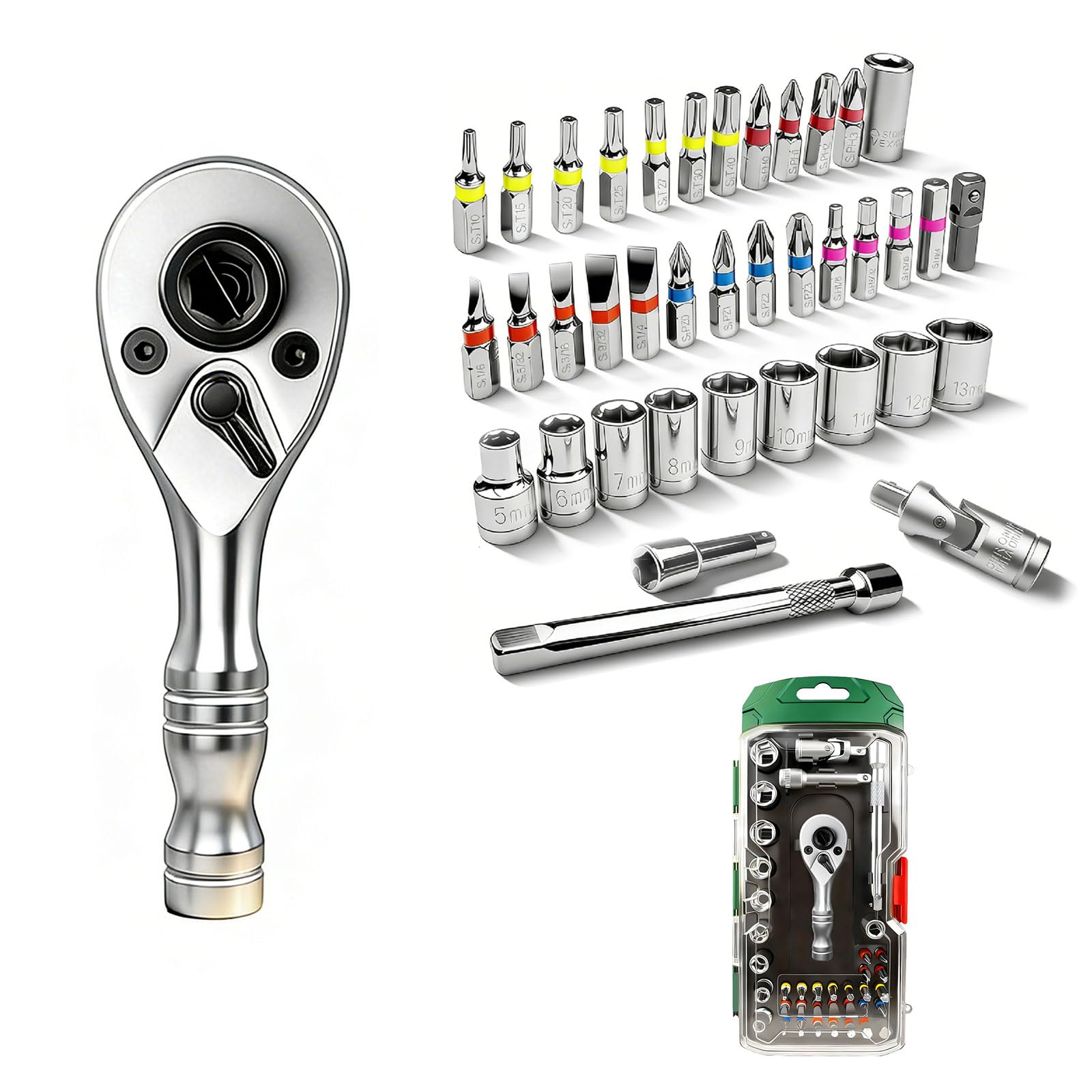 Fromceo Silver Handle Multifunction Ratcheting Wrench Tool 72 Tooth Mechanism 1/4" Drive Ratchets Handle For Accurate Torques Control Multifunction Socket Wrench Tool