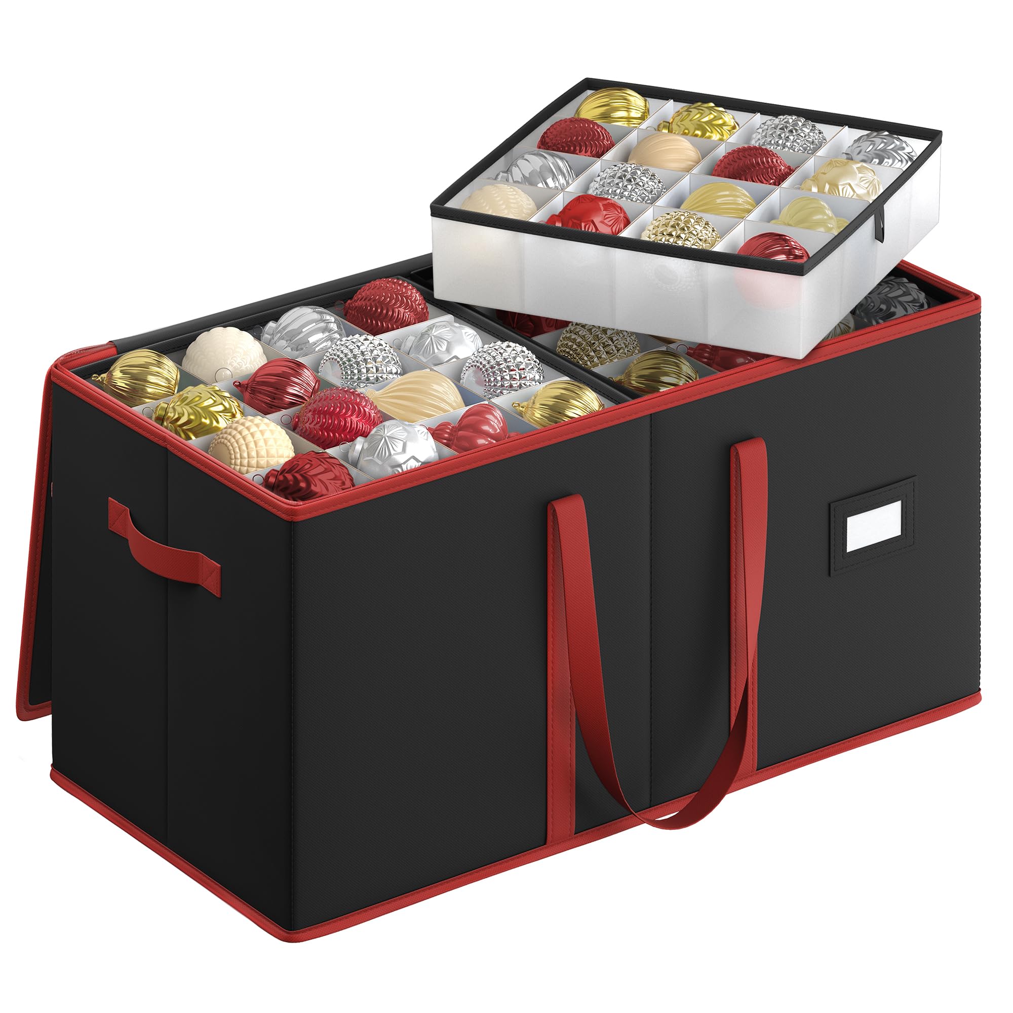 SONGMICS Large Christmas Ornament Storage Box, Dual Zippers, Stackable Christmas Storage Container with Lid, 8 Trays, 600D Oxford, 3-Inch 128 Slots, Ink Black URFB035B01