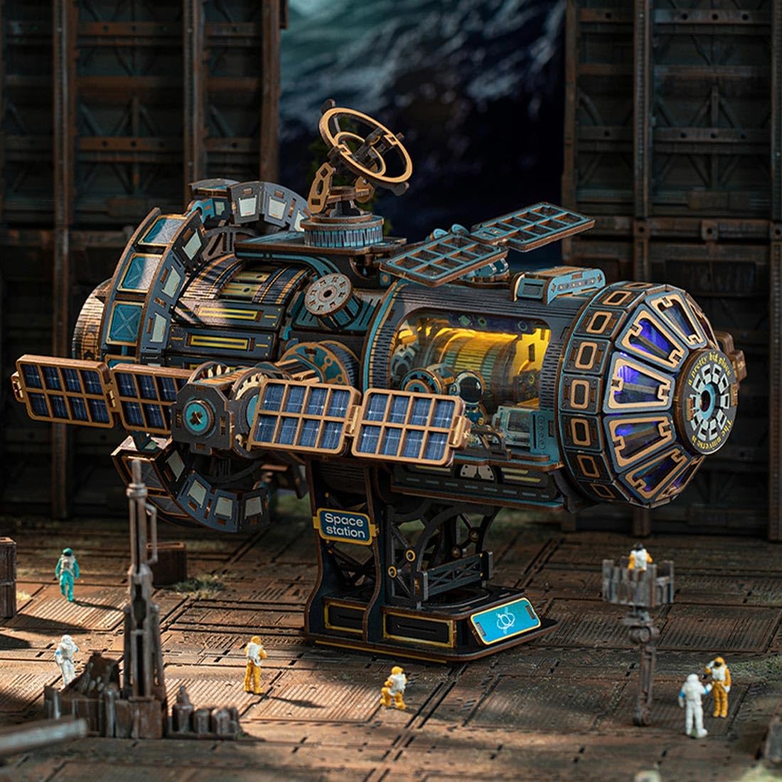 Kit di modellini di stazione spaziale fai da te, set di costruzione meccanica 3D in legno con luce ambientale, modello creativo di assemblaggio astronave per display da tavolo (511 pezzi)