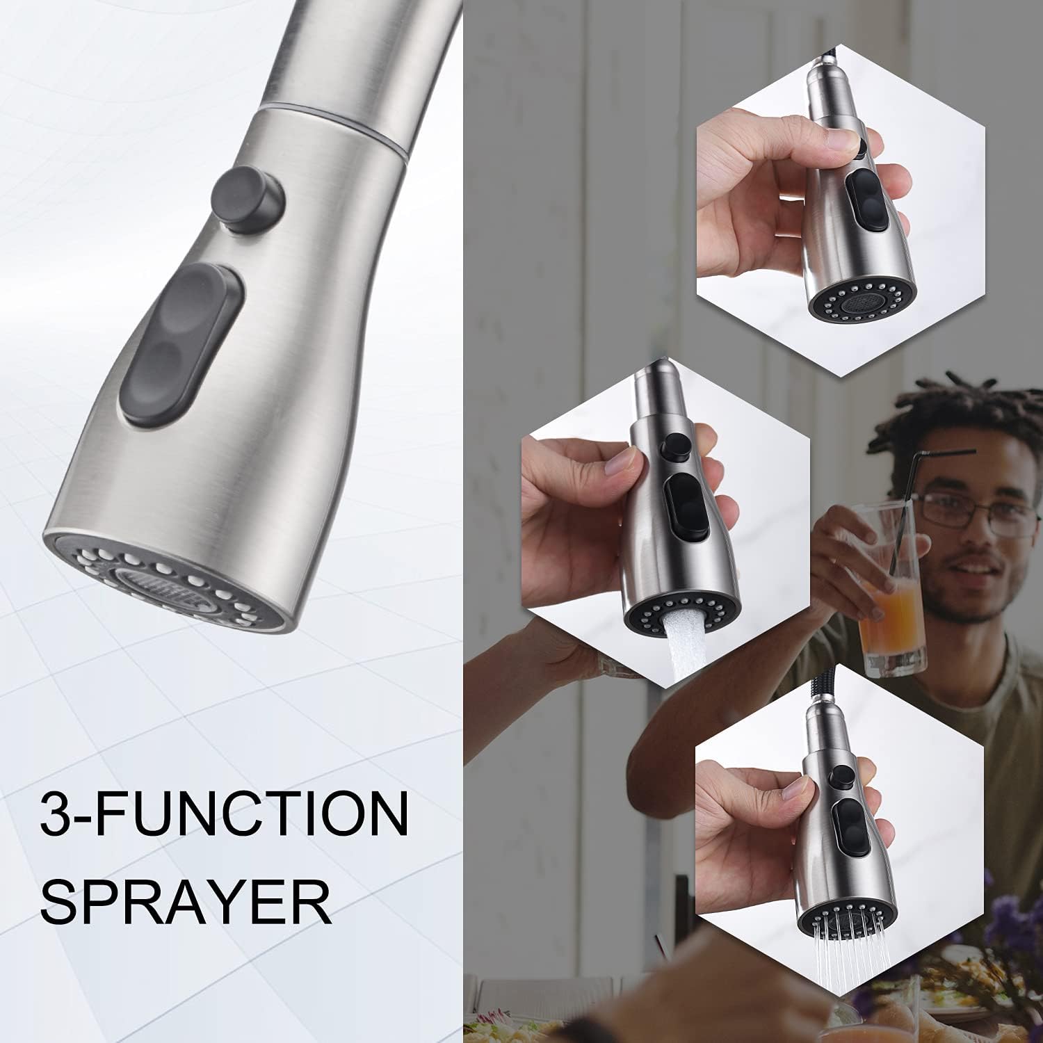Keonjinn Kitchen Faucet with Pull Down Sprayer, Chrome Single Handle High Arc Kitchen Sink Faucet, Stainless Steel Kitchen Faucet with Deck Plate, Modern Pull Out Kitchen Faucets