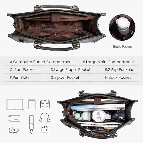 Miniatura 4 de LOVEVOOK Bolsa Tote para Laptop para Mujeres, 15.6 Pulgadas de Gran Capacidad Bolsa de Trabajo de Computadora de Cuero Vintage, Bolso de Hombro