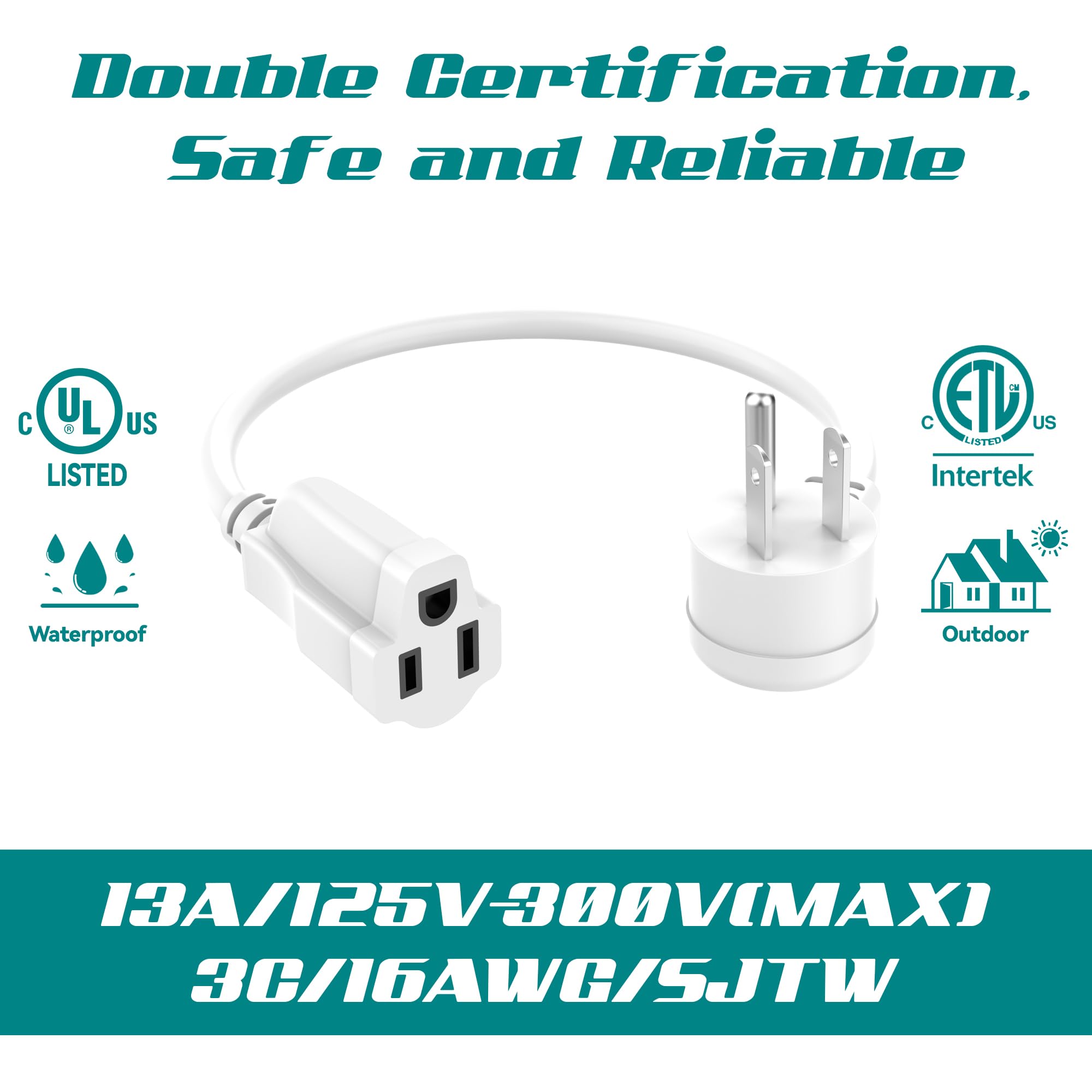 Paquete de 2 cables de extensión de alimentación de 1 pies/12 pulgadas, cable de extensión eléctrico corto de 3 clavijas, toma única, resistente, impermeable, flexible, 16 AWG, 13 A, 125 V, cables