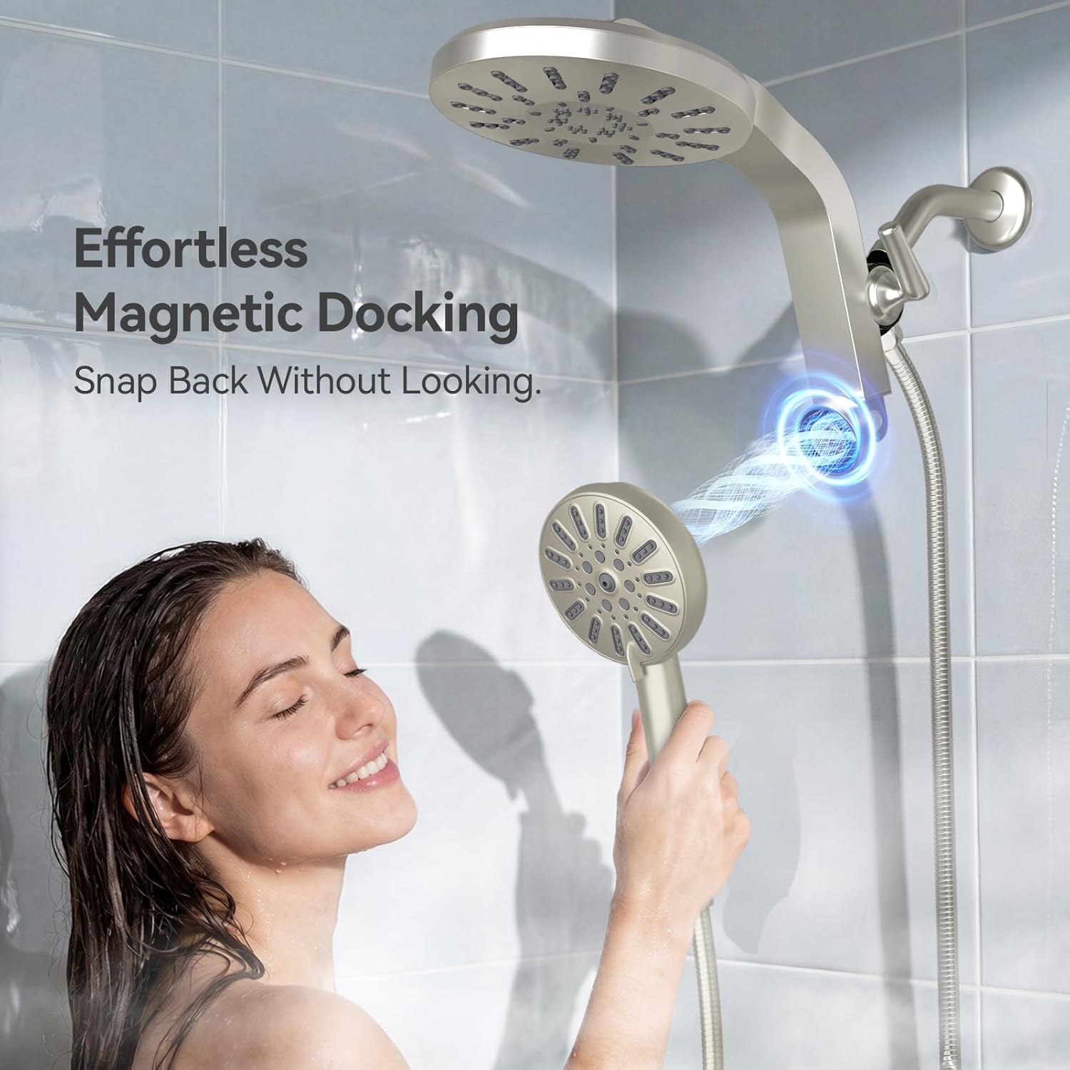 INAVAMZ High Pressure Rain Shower Head with Handheld Combo, Magnetic Dual Shower Head, 8 Spray Handheld and Rainfall Showerhead, Adjustable Angle, Detachable Handheld with Power Jet Nickel