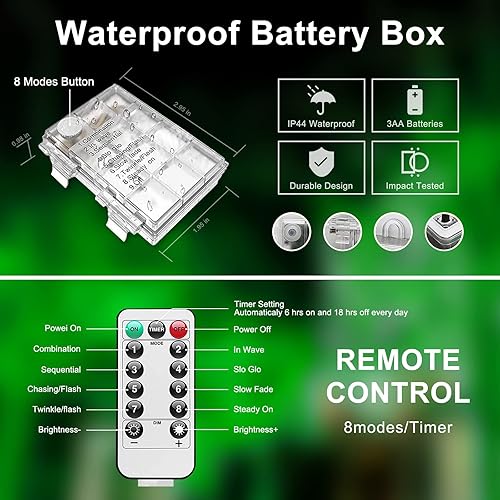 Vista 53 de JMEXSUSS 100 luces LED de Navidad, funciona con pilas, luces impermeables para exteriores, 33 pies, 8 modos, funciona con pilas, con control remoto