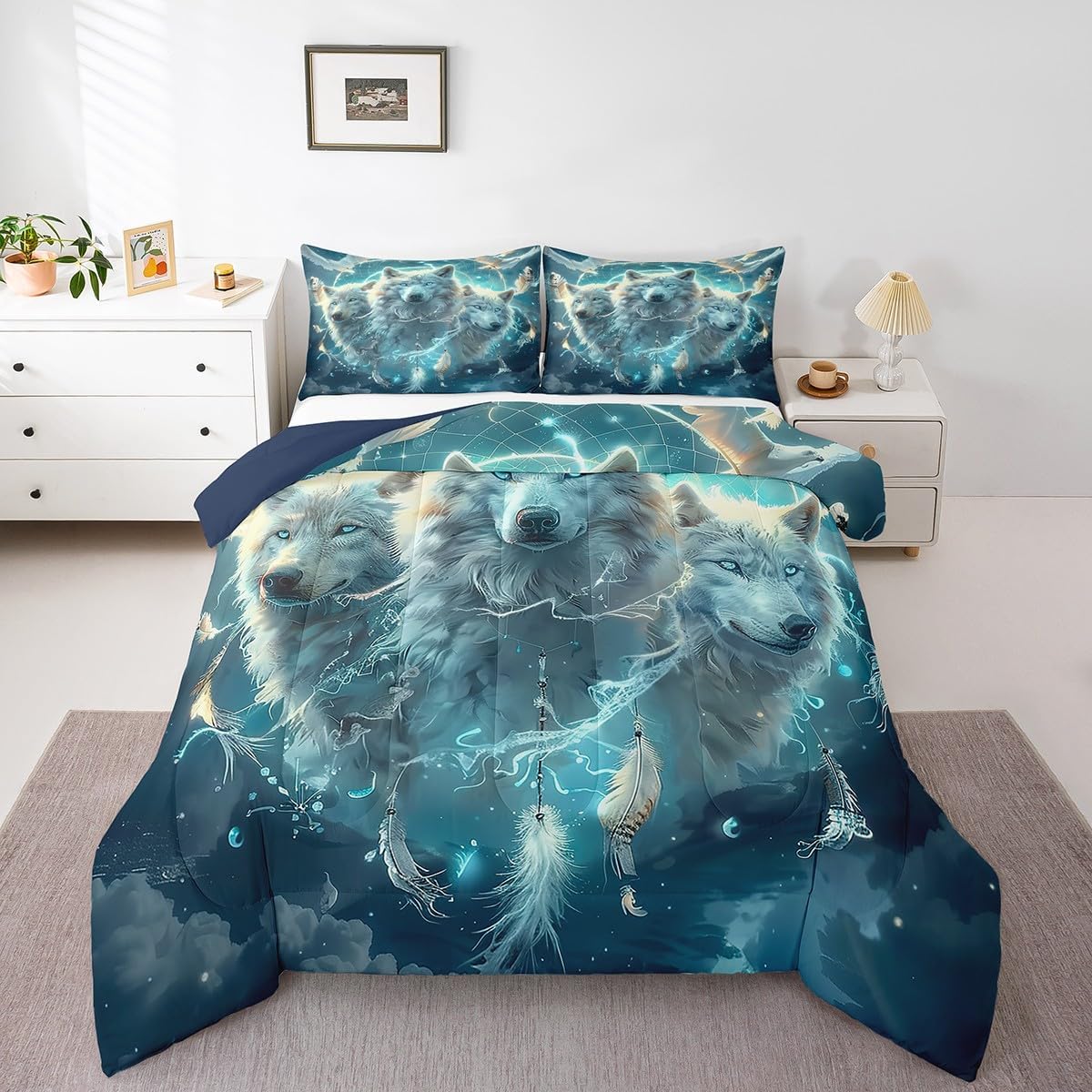 Castle Fairy Wolf Dream Catcher Bedding Set King Size 3D Wildlife Animal Comforter for Child Teens Bohemia Exotic Tribal Down Comforter Rustic Farmhouse Duvet Insert with 2 Pillowcases