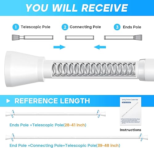 Miniatura 29 de Barra de cortina de tensión para ventanas de 28 a 48 pulgadas, barras de cortina con resorte, barra de tensión negra, sin perforación, barra