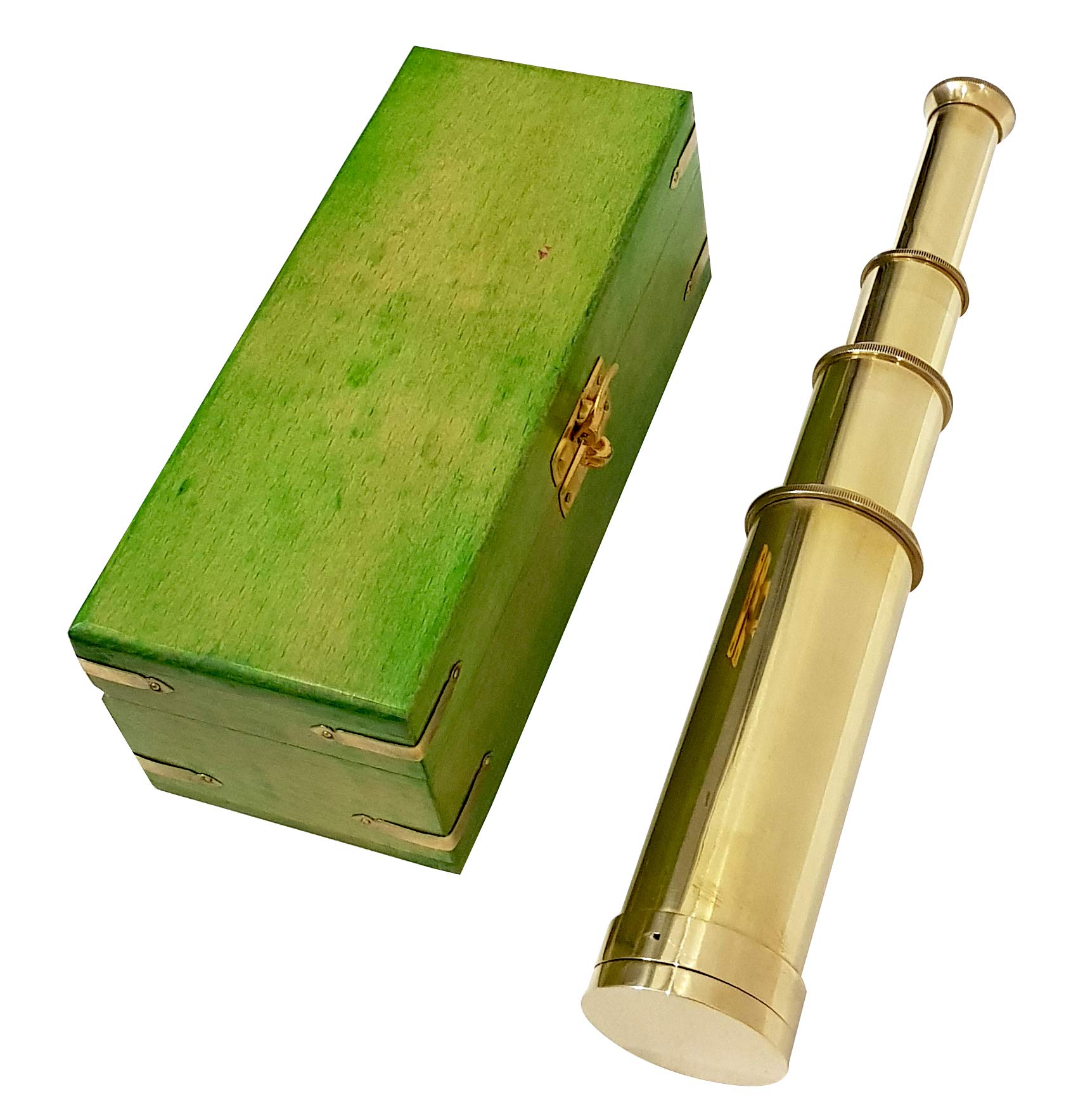 Nautical Collector Vintage Rustic Style Maritime Home Decor Mini Pirate Draw Captain's Spyglass Modern Look Handmade Shiny Brass Portable Telescope Green Wooden Box