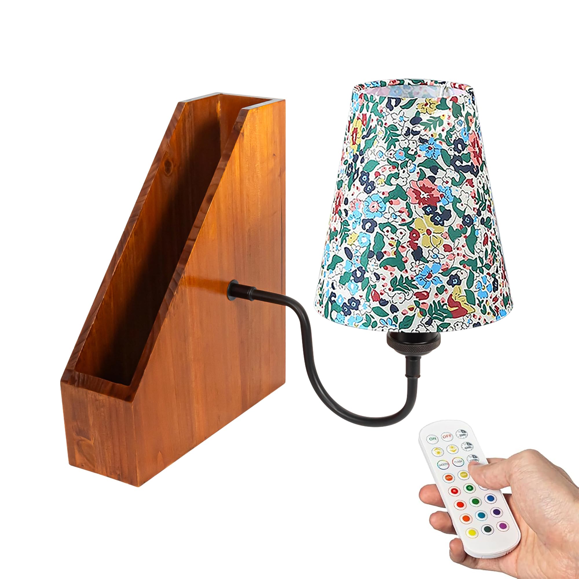 LED Buchlampe mit Fernbedienung, Vintage Dimmbar Nachttischlampe mit Praktischer Organizer 1xE27-Fassung, Wiederaufladbare Tischlampe Zeitschaltuhr für Nachttisch Beistelltisch DZ0375H