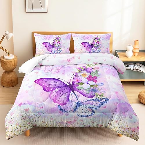CVHOUSE Hermoso juego de edredón de mariposa, tamaño individual, juego de ropa de cama de flores en flor y mariposa voladora, juego de edredón suave