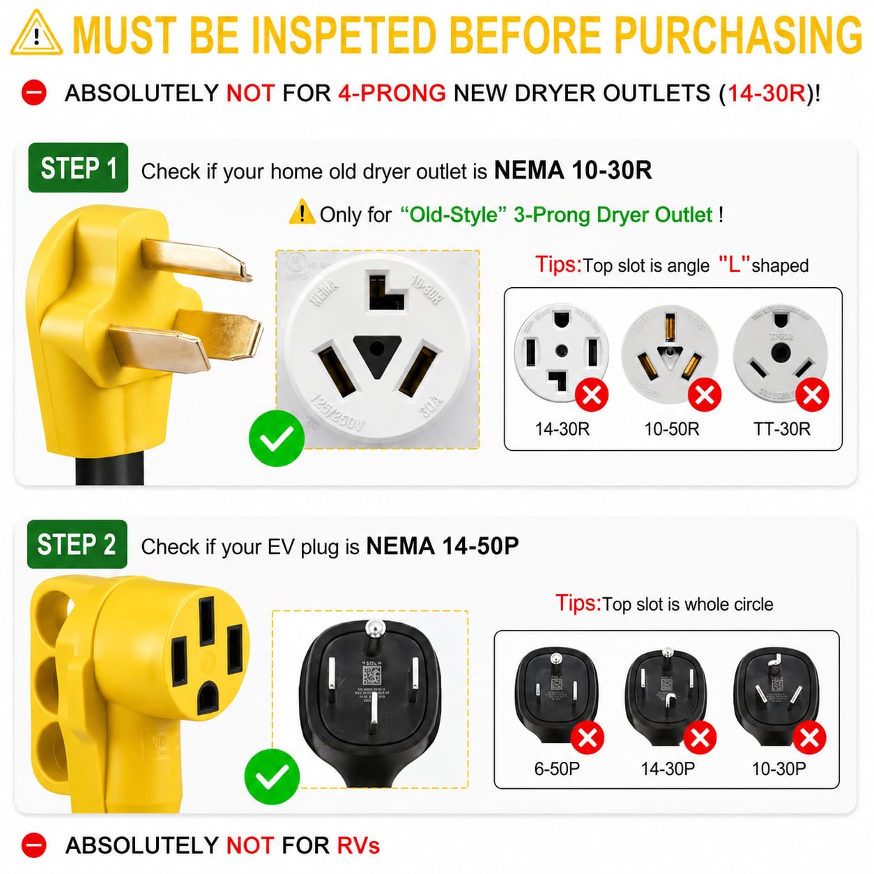 Cable adaptador de cargador EV de 10 pies compatible con NEMA 10-30P a 14-50R, secadora de 3 clavijas de 30 amperios a 50 amperios y 4 puntas EV para carga Tesla o EV nivel 2