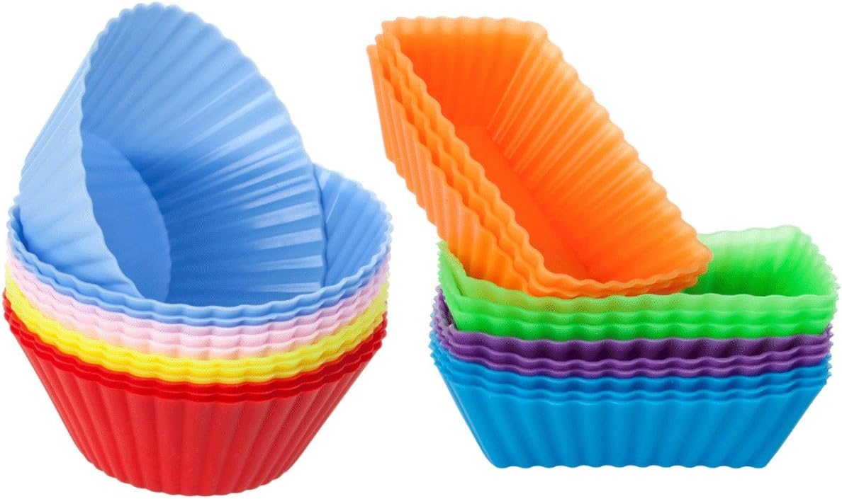 Cutequeen Trading 24pcs (12pcs Round and 12pcs Rectangular) Silicone Baking Cups / Cupcake Liners - 24-pack Vibrant Muffin Molds in Storage Container - Never Buy Paper Cups Again(pack of 24)