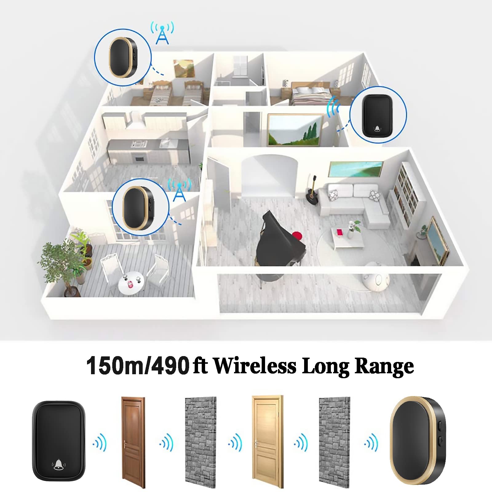 Timbre de Puerta autoalimentado, Kit de Timbre de Puerta Resistente al Agua IP44 con 2 pulsadores, 2 receptores, Timbre de Puerta eléctrico enchufable, 36 Tonos de Llamada, 4 volúmenes(Gold)