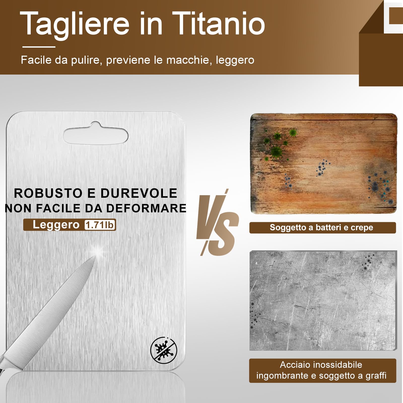 Tagliere in Titanio - 100% Titanio Puro, Doppio Lato per Carne e Verdure, Ideale per Casa e Outdoor (25×35CM)