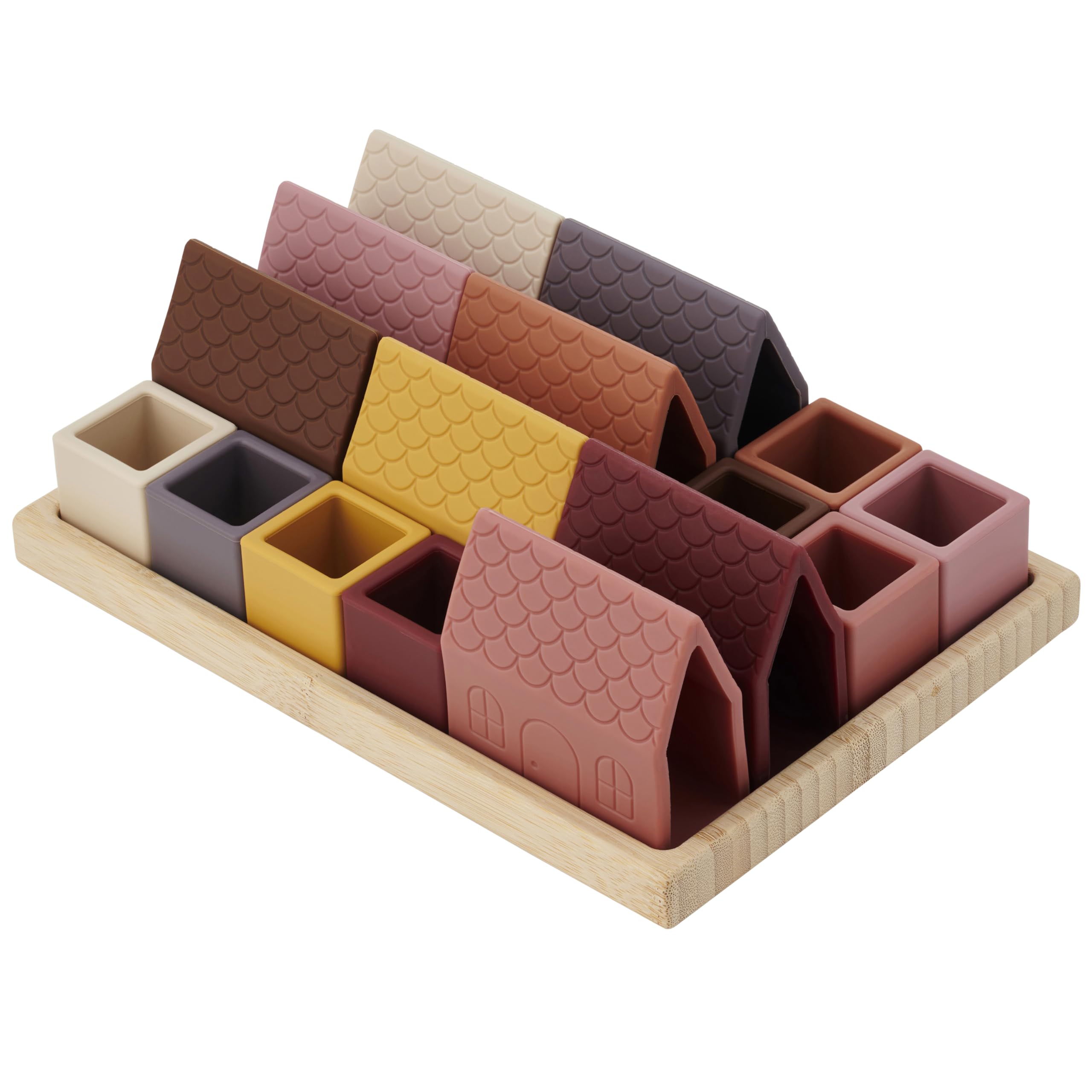 tickit SiliSoft Village Blocks– 16-Piece Durable Silicone & Natural Bamboo Building Set with House Blocks and Open Cubes for Imaginative, Creative Construction and Sensory Play, Earth