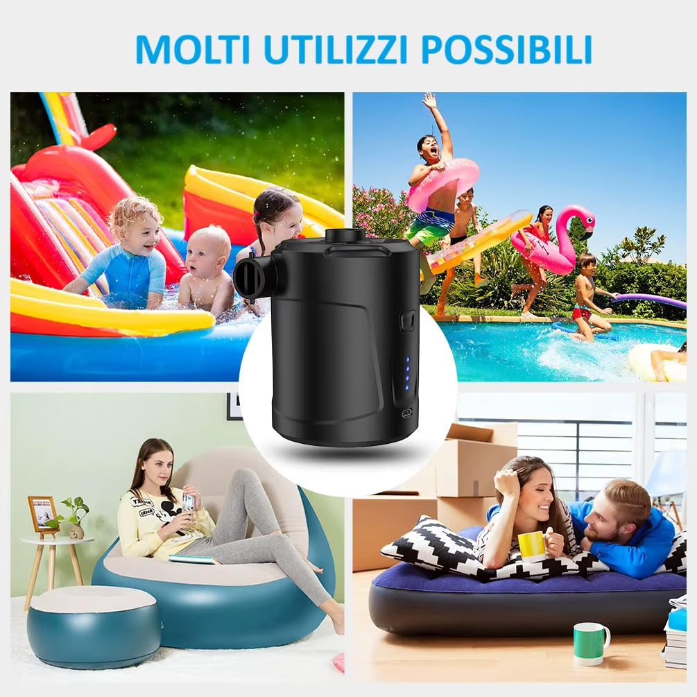 FAVIAN Pompa Elettrica Portatile da campeggio Rapida 5200 mAh – Ricaricabile USB-C – 3,5 Bar – Compatta e Leggera con 3 Ugelli per Materassi, Piscine e gonfiabili