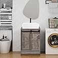 24" Barn Door Bathroom Vanity, Farmhouse Style Standing Pedestal Cabinet with Square White Ceramic Vessel Sink