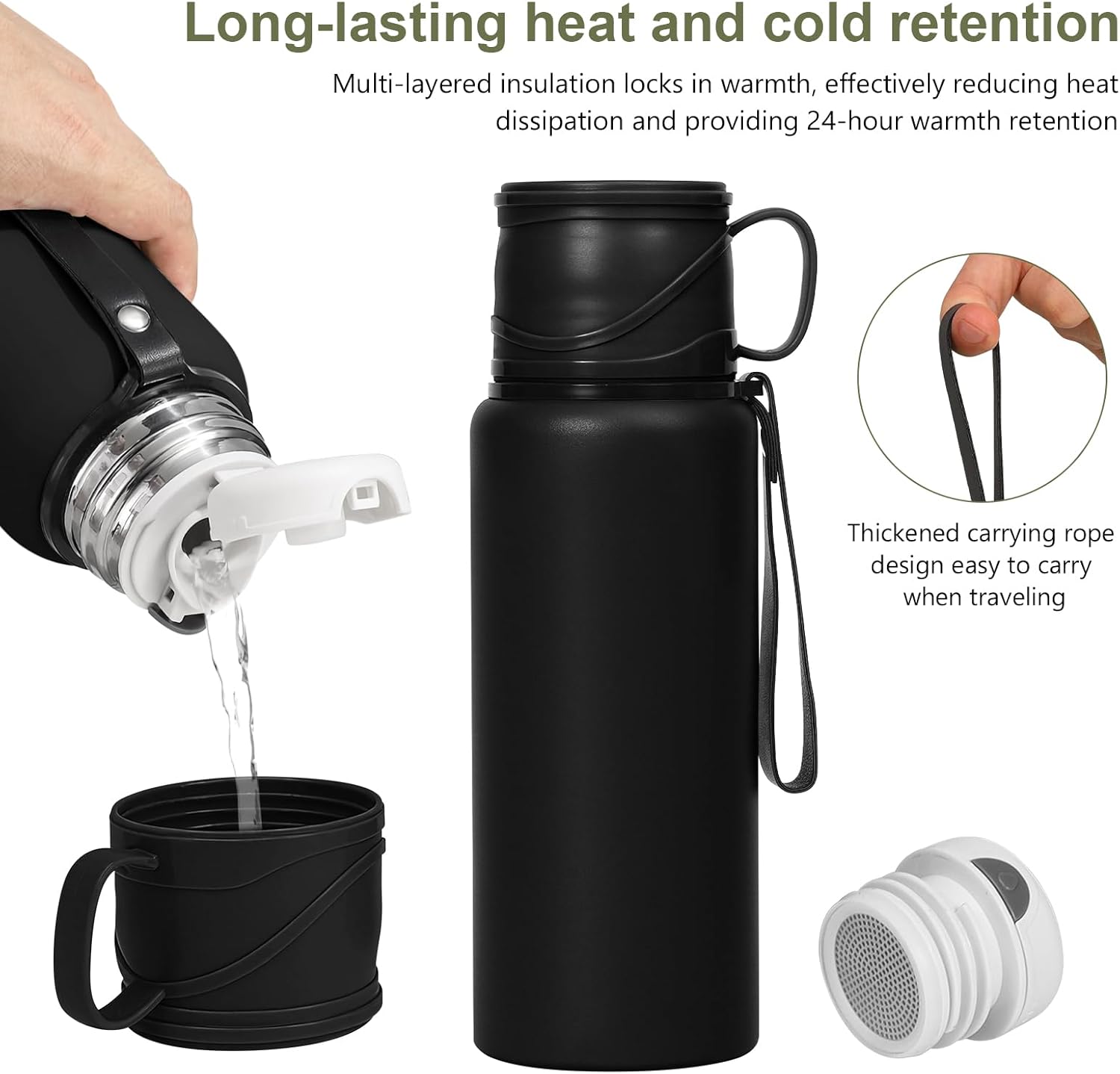 600 ml Double wall vacuum Leakproof stainless steel wide mouth insulated water bottle,tea tumbler with tea strainer,cup and lid; travel coffee thermoses hot drinks,cold thermal flask