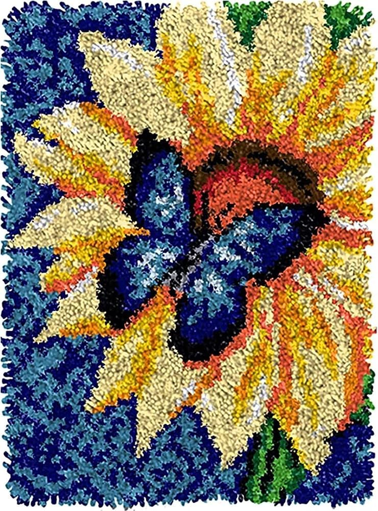 Latch Hook Kit for Adults & Kids Complete DIY Rug Making Craft Kits with Yarn & Canvas and Crochet Needle, Adult Craft Kits for Women Relaxing Home Art Project - Butterfly and Sunflower 50x38CM