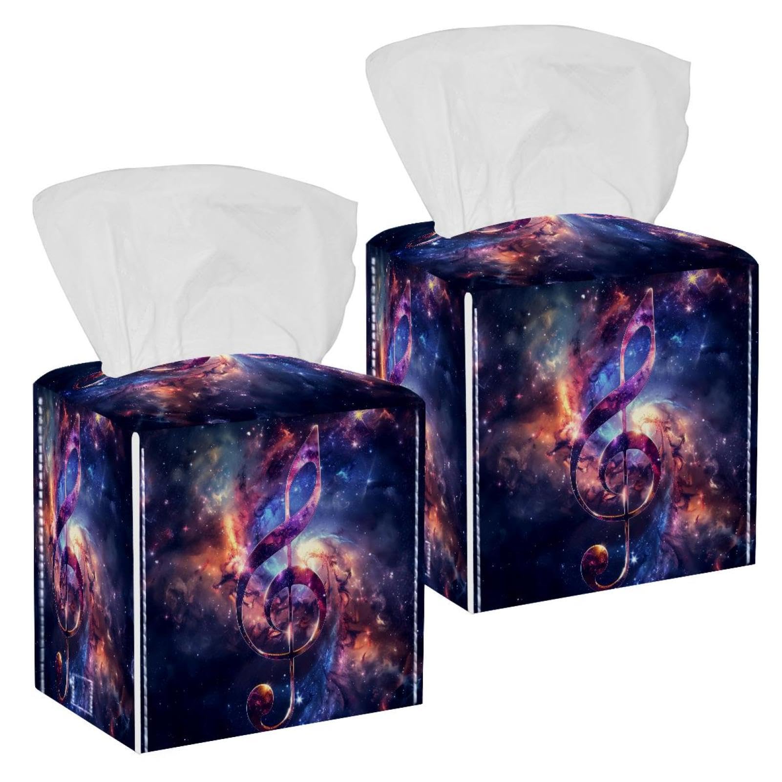 Space Galaxy Music Note Tissue Box Cover, 2 Pack PU Leather Square Facial Tissue Dispenser Box holder for Home Office Car