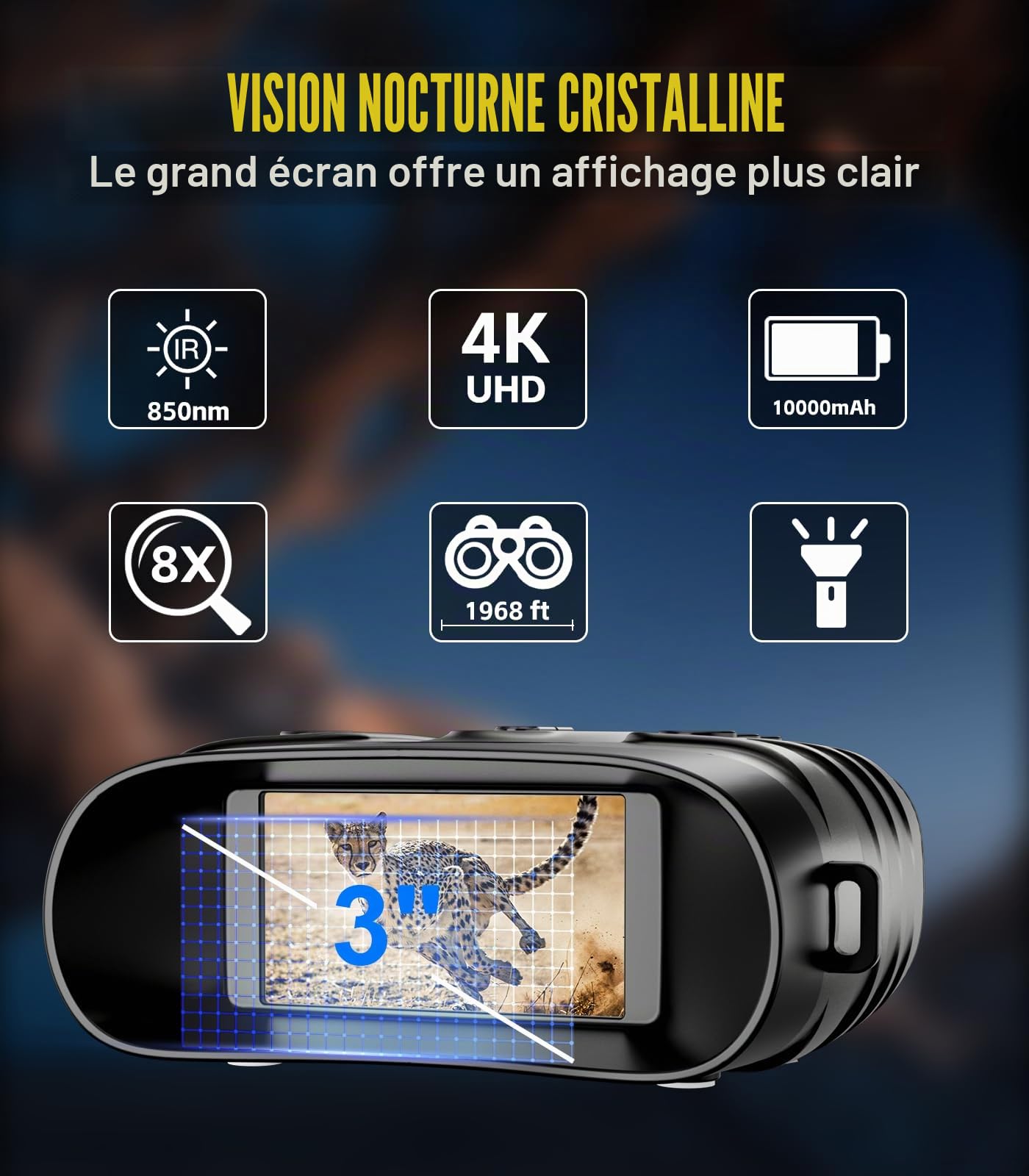 Jumelle Vision Nocturne 4K 48MP, 10 000 mAh Rechargeable, f/1.4 Grande Ouverture Jumelles Infrarouge, Portée de Vision 600M, 3" HD Écran, Zoom Numérique 8X avec Carte TF 32 Go