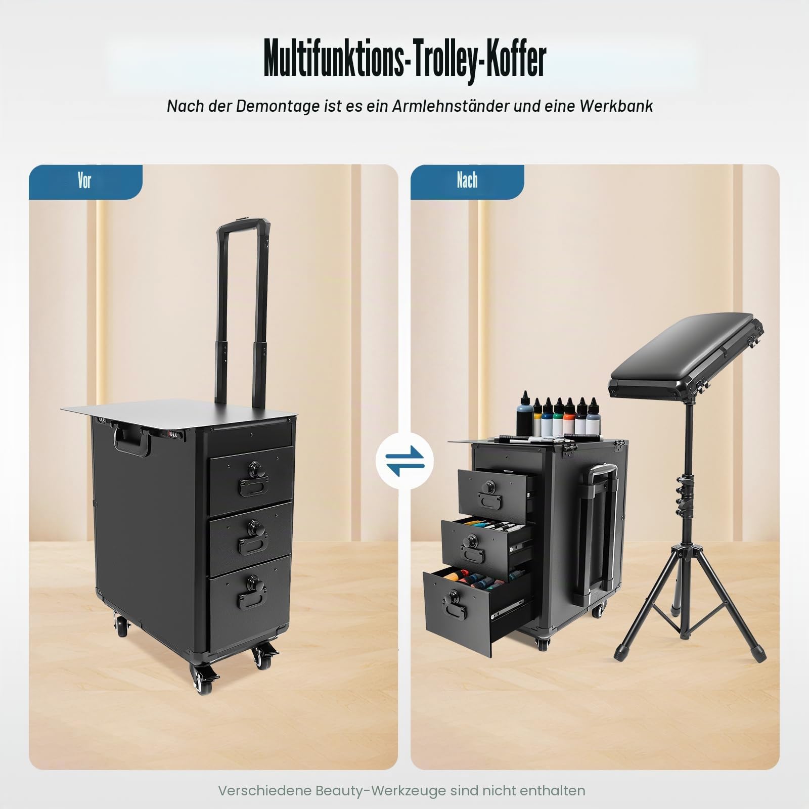 Kosmetikkoffer Trolley mit Armlehnenständer,Kosmetikkoffer Trolley Tattoo Koffer,Tattoo Tisch Beauty Stand,mit 3 Schubladen und 4 Universalrädern,für Kosmetik Aufbewahrung Schminkkoffer