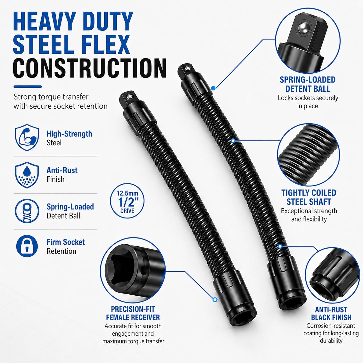 1/2" Drive Flexible Socket Extension Set, 10" & 14" Bendable Impact Extension Bar, Heavy Duty Flex Shaft Torque Extender for Engine Bay, Tight Space & Automotive Repair