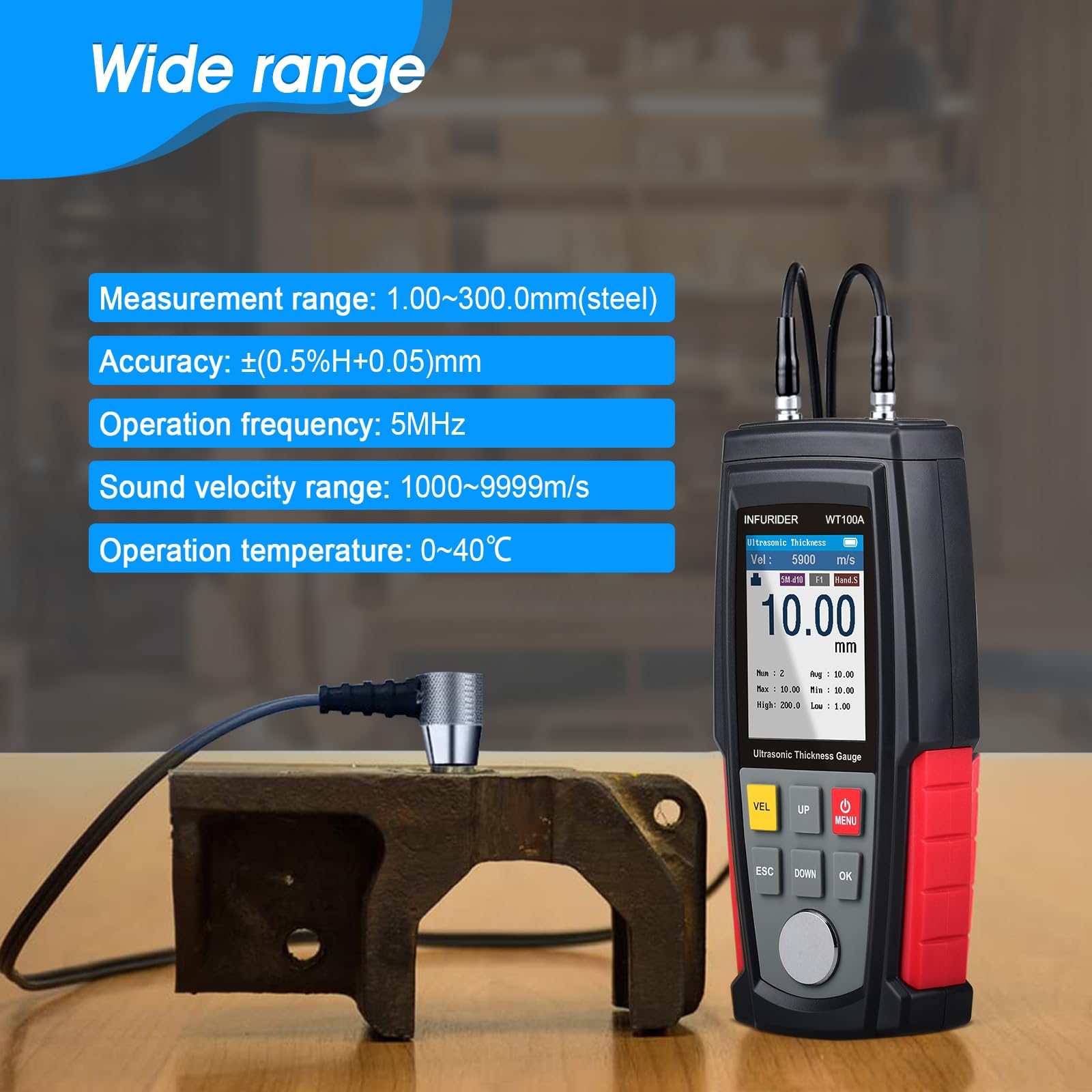 Produktbild von INFURIDER Digitales Ultraschall-Dickenmessgerät – 1–300 Mm, 500 Daten, Farbiges Display, USB-Ladung, Für Metall, Kunststoff & Glas