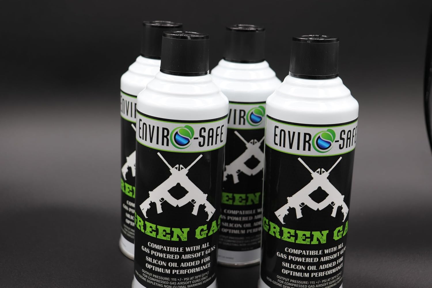 Green Gas for Airsoft BB, Pistol, Hand Gun, Rifle, 13.5 oz. Cans, 4 Pack, White, Green, Black