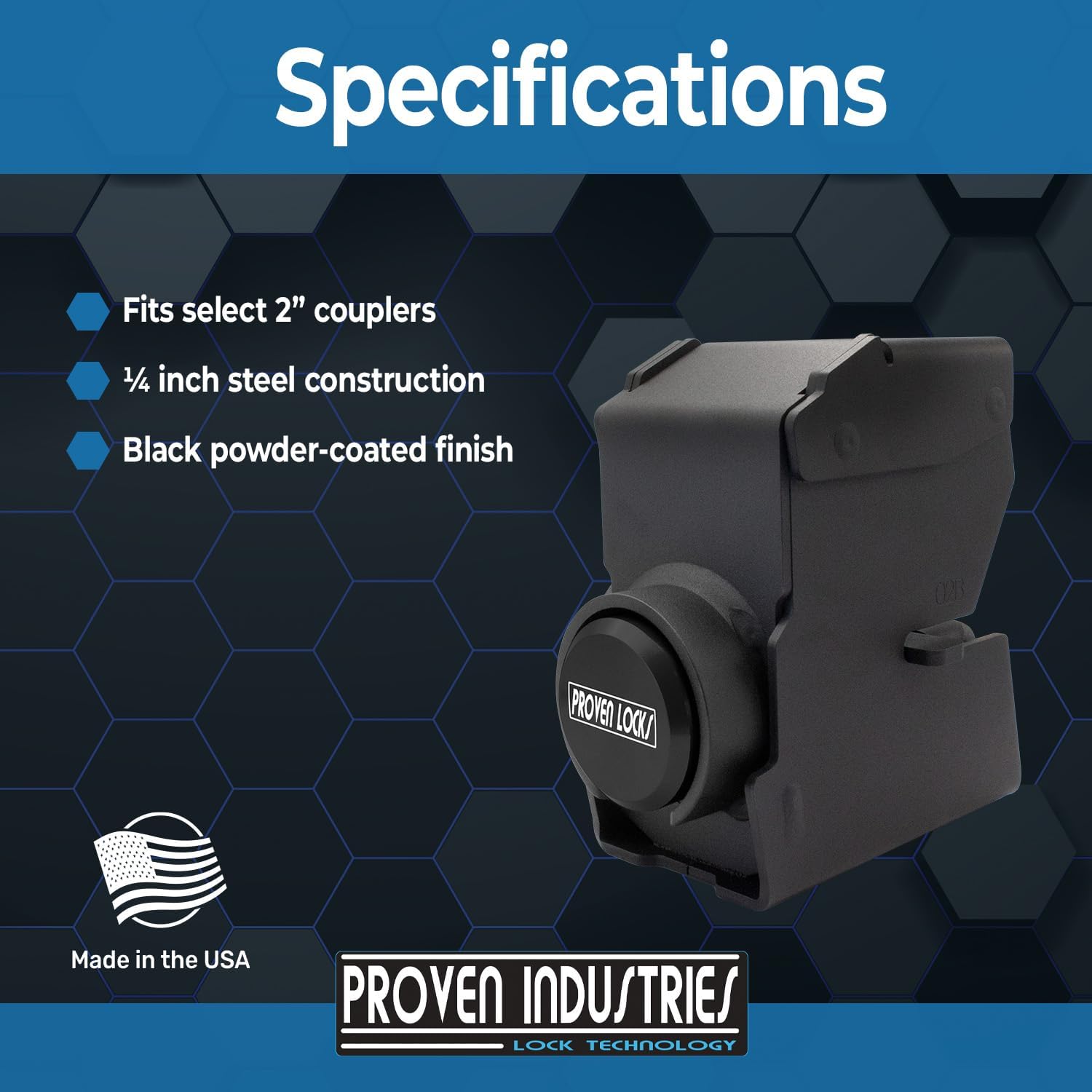 Proven Industries Model 2178 Trailer Lock, Fits 2-Inch Trailer Couplers, Made in The USA (Black-Square)