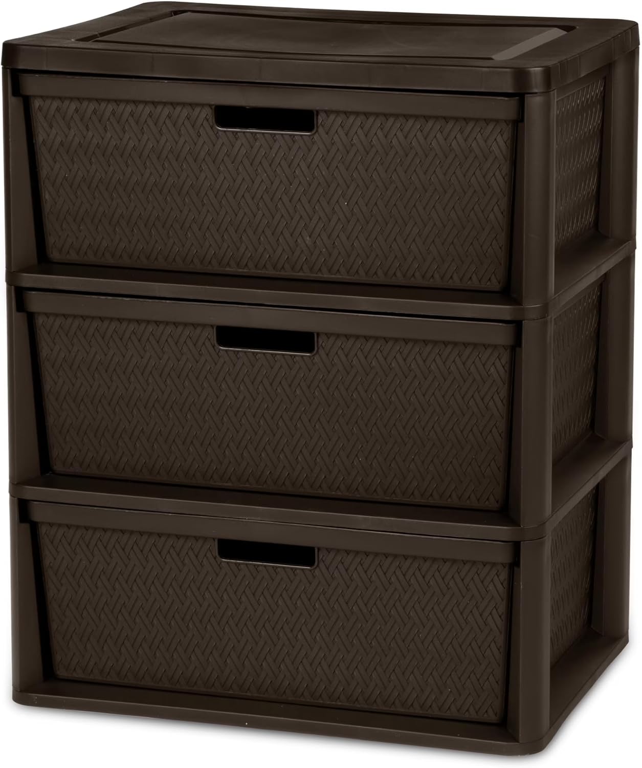 Wide 3 Drawer Tower, Easy to Assemble with Removable Decorative Cross-Weave Plastic Drawers, Tool-Free, Brown