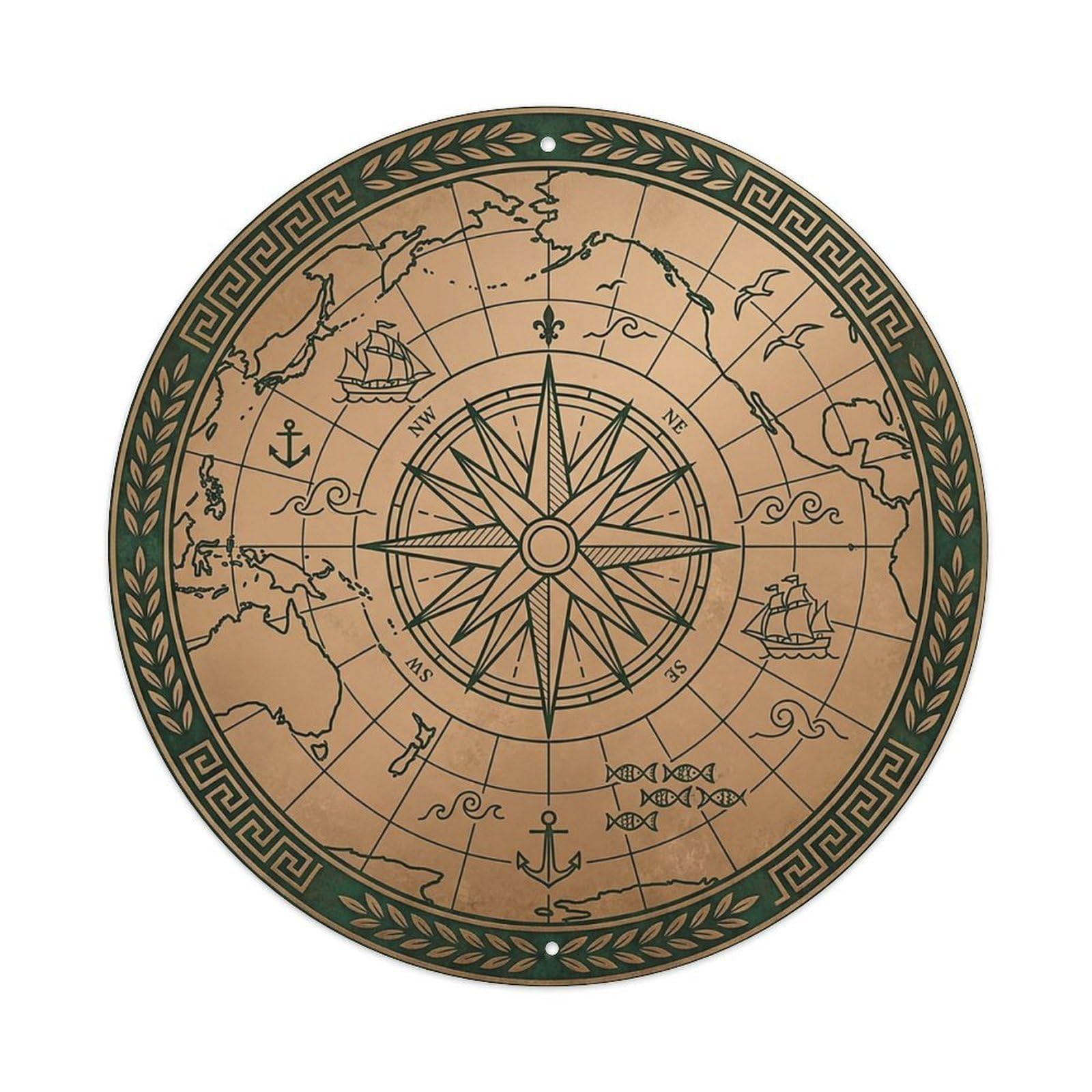 Vintage Nautical Compass World Map Seafarer Guide Metal Tin Sign