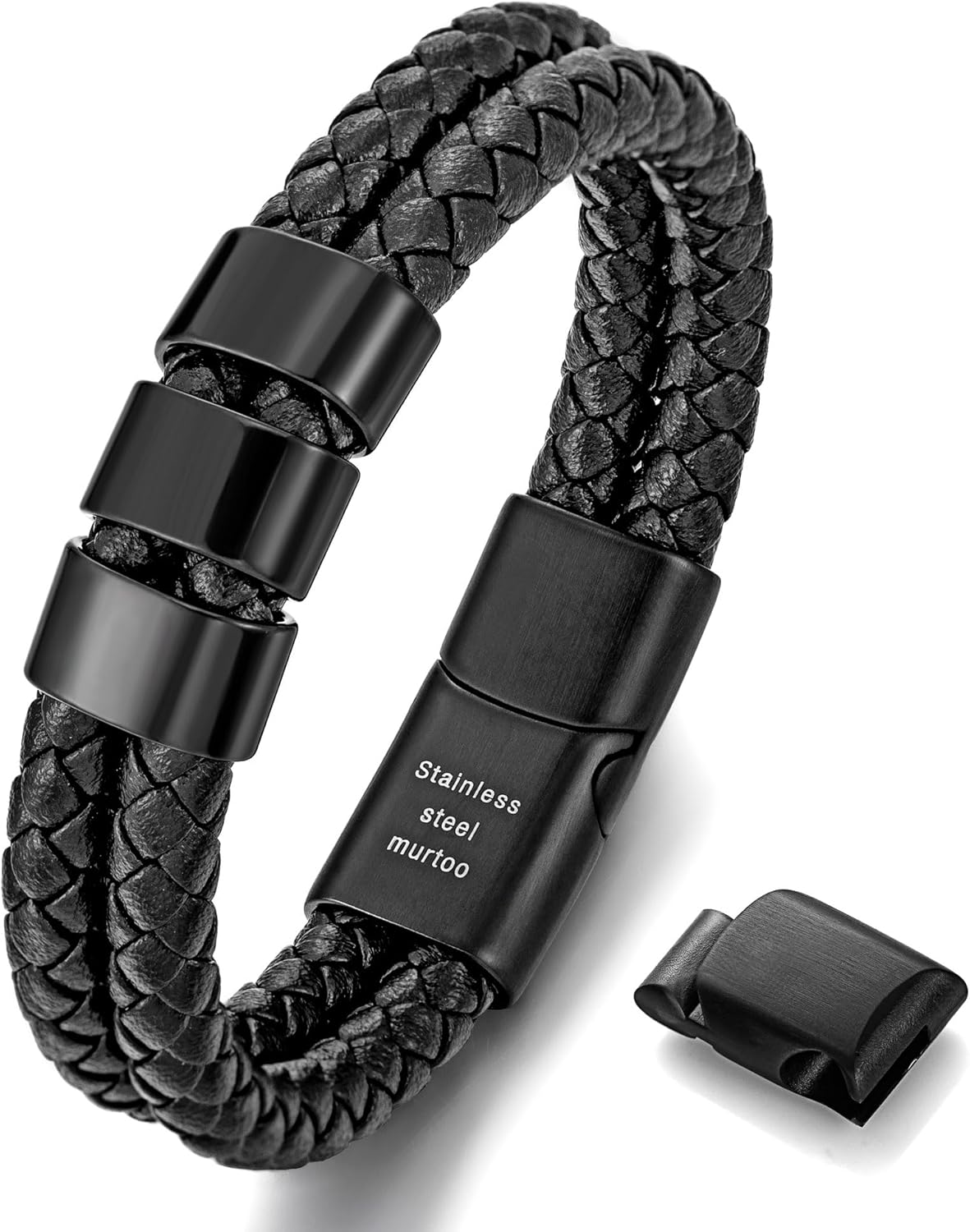 murtoo Personalized Bracelet for Men, Black Braided Leather Bracelet with Name/Date Engraved, Personalized Gift for Men Father Husband Boyfriend