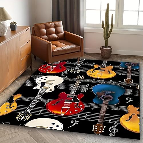 Miniatura 2 de Alfombra de sala de estar, 3 x 4 pies, alfombra de interior con estampado de guitarra, música rock, bajo, acogedora, delgada, resistente a la