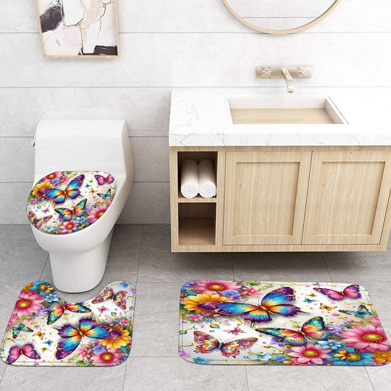 Chrainy 4Pcs Butterfly Colorful Shower Curtain Sets with Rugs Floral Bathroom Set with Non-Slip Rugs Toilet Lid Cover and Bath Mat Vintage Shower Curtain with 12 Hooks, Durable Bathroom Decor Set