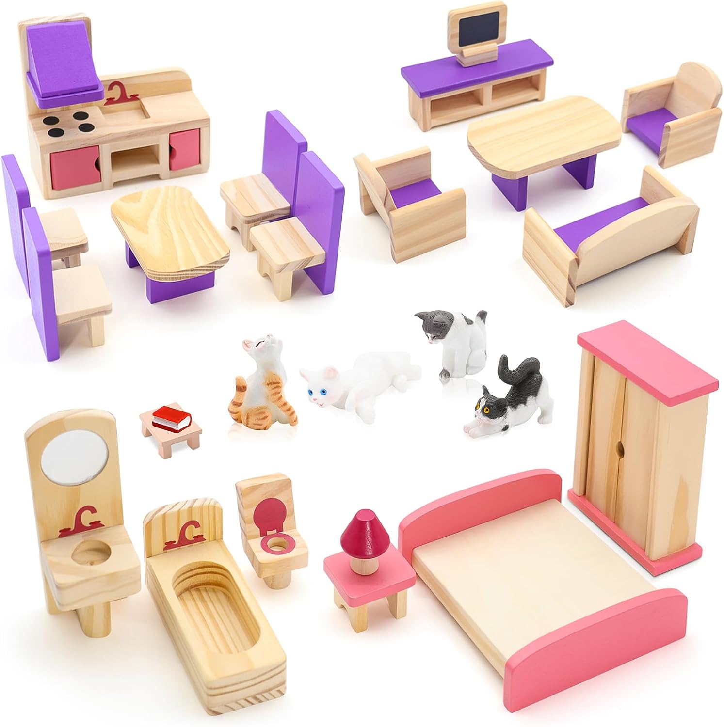 25PCS Wooden Doll House Furniture Set,Realistic Dollhouse Accessories with Bedroom,Living Room,Dining Room Accessories,Mini Cats for Pretend Play Educational Toys for Girls Boys Children Toddlers 3+