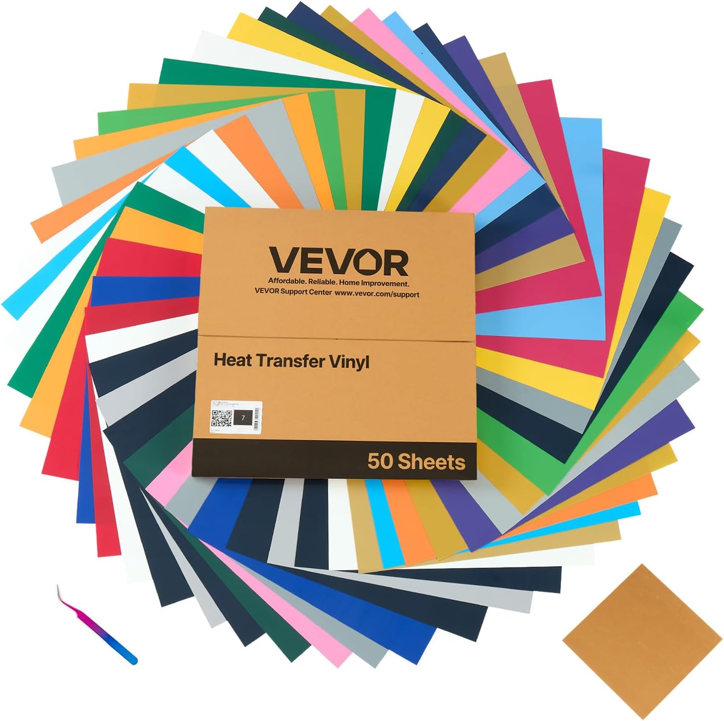 VEVOR Heat Transfer Vinyl, 50 Pack, 12 x 12 in, Assorted Colors HTV Iron on Vinyl Bundle, Easy to Cut and Weed, with Accessories, Compatible with Cutting Machines, for Various Materials, T-Shirts