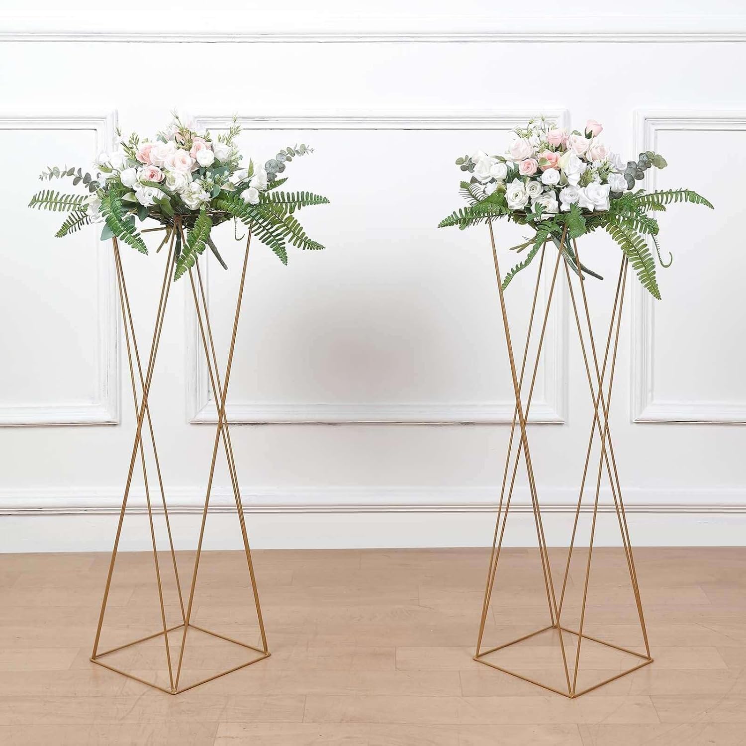 Efavormart 2 Pack | 32" Gold Geometric Crisscross Metal Frame Centerpieces, Open Column Pedestal Flower Stands