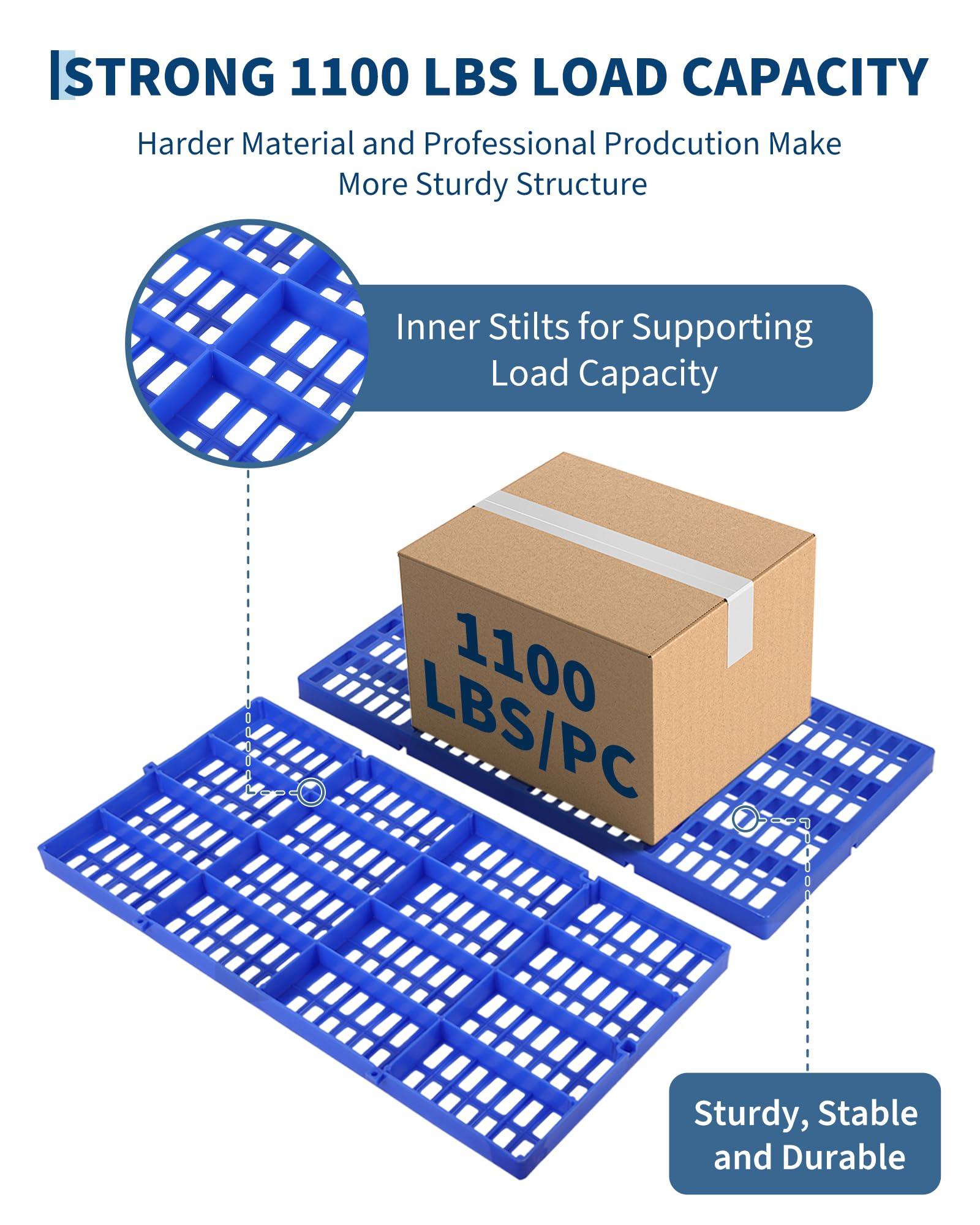 Set di 6 pallet in plastica blu - Antiscivolo, impermeabili, base traspirante - Portata 500kg, sovrapponibili - Ideali per magazzino, garage, cantina, uso industriale e domestico - 60x30x3 cm