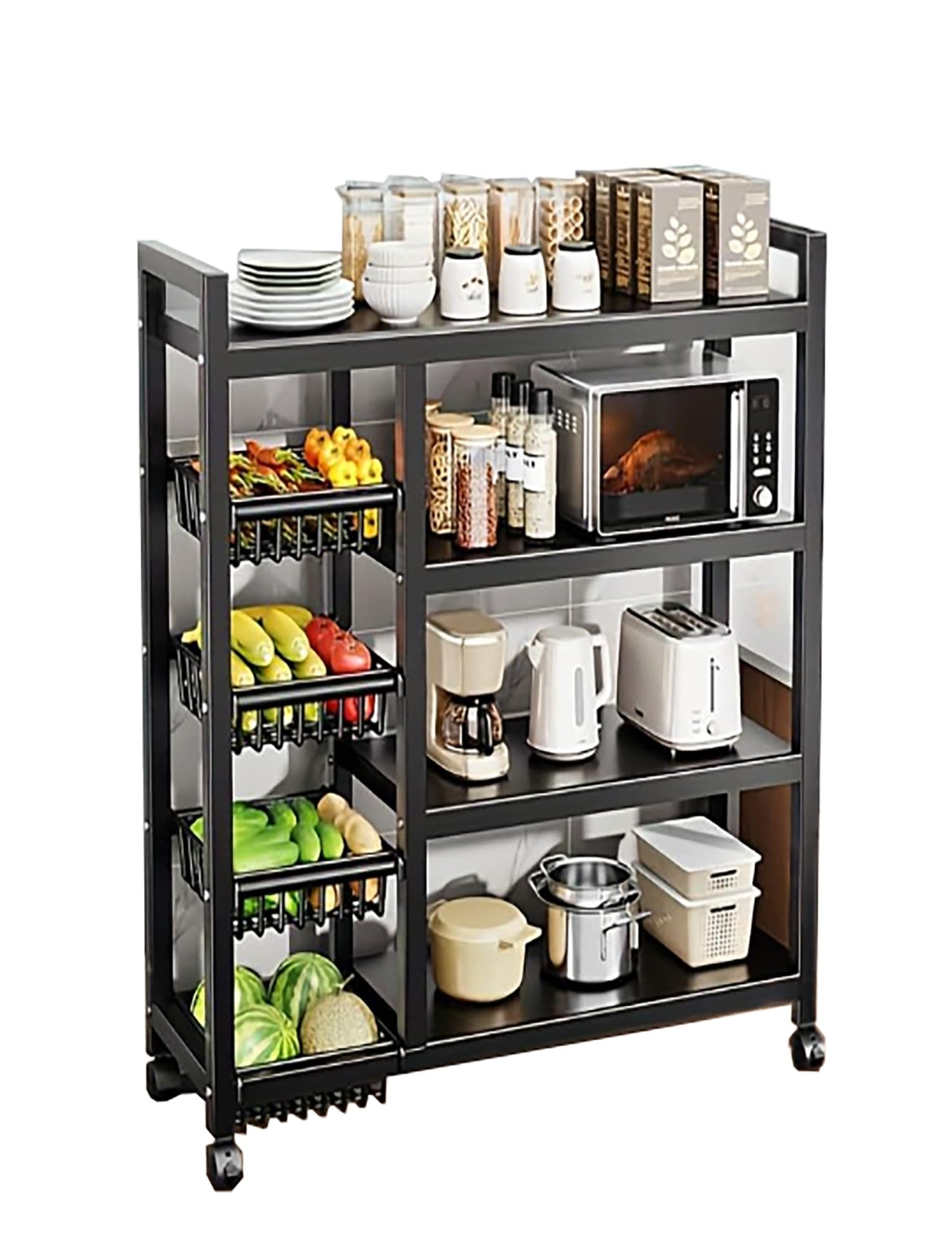 Carrito rodante de metal de 4 niveles con cestas de malla de acero, organizador multiusos para cocina, garaje y despensa, solución de almacenamiento duradera con ruedas