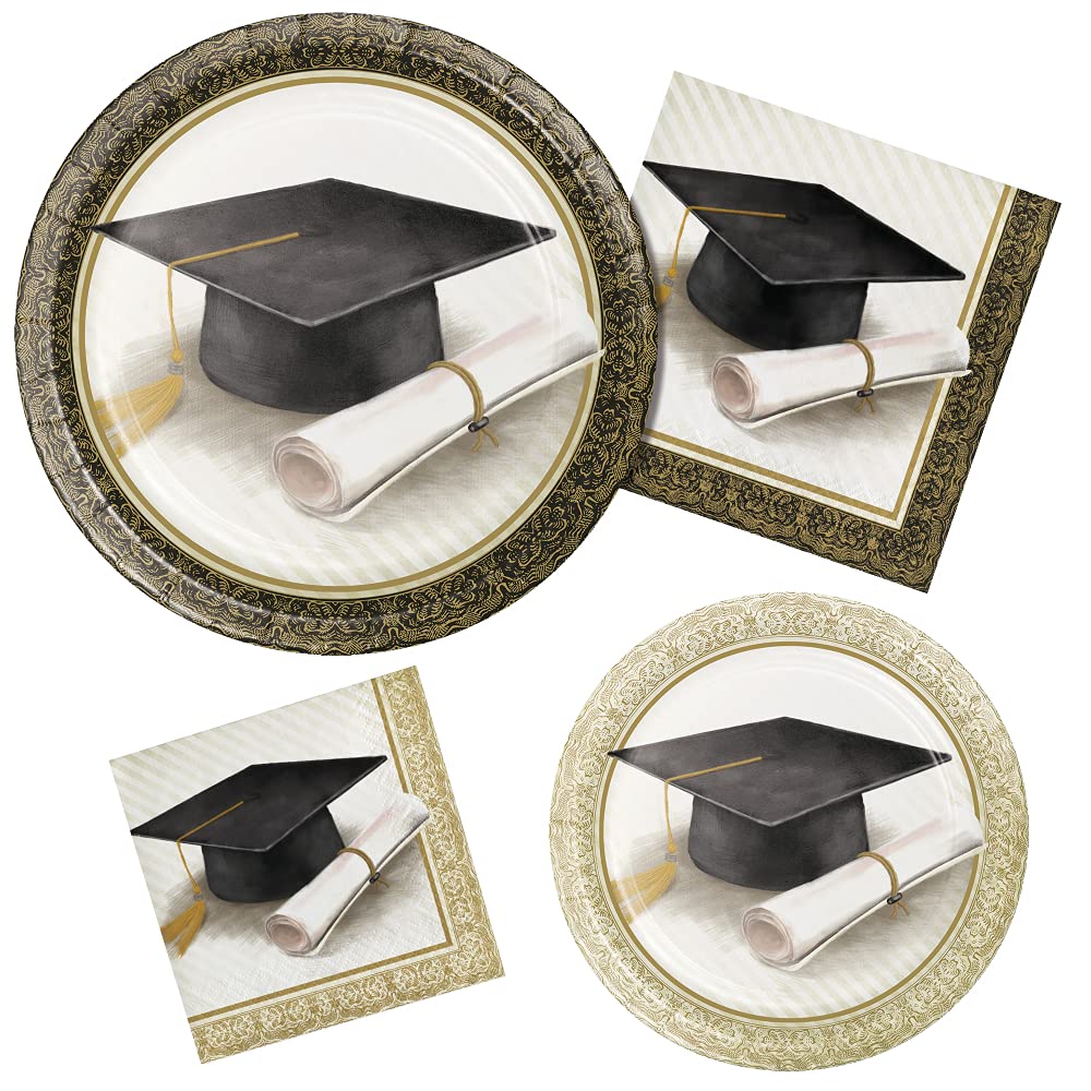 Party Creations 2022 Graduation Party Supplies Disposable Dinnerware Set | Classic Graduation Theme Black and Gold Plates and Napkins, Serves 16 (64 PCS)