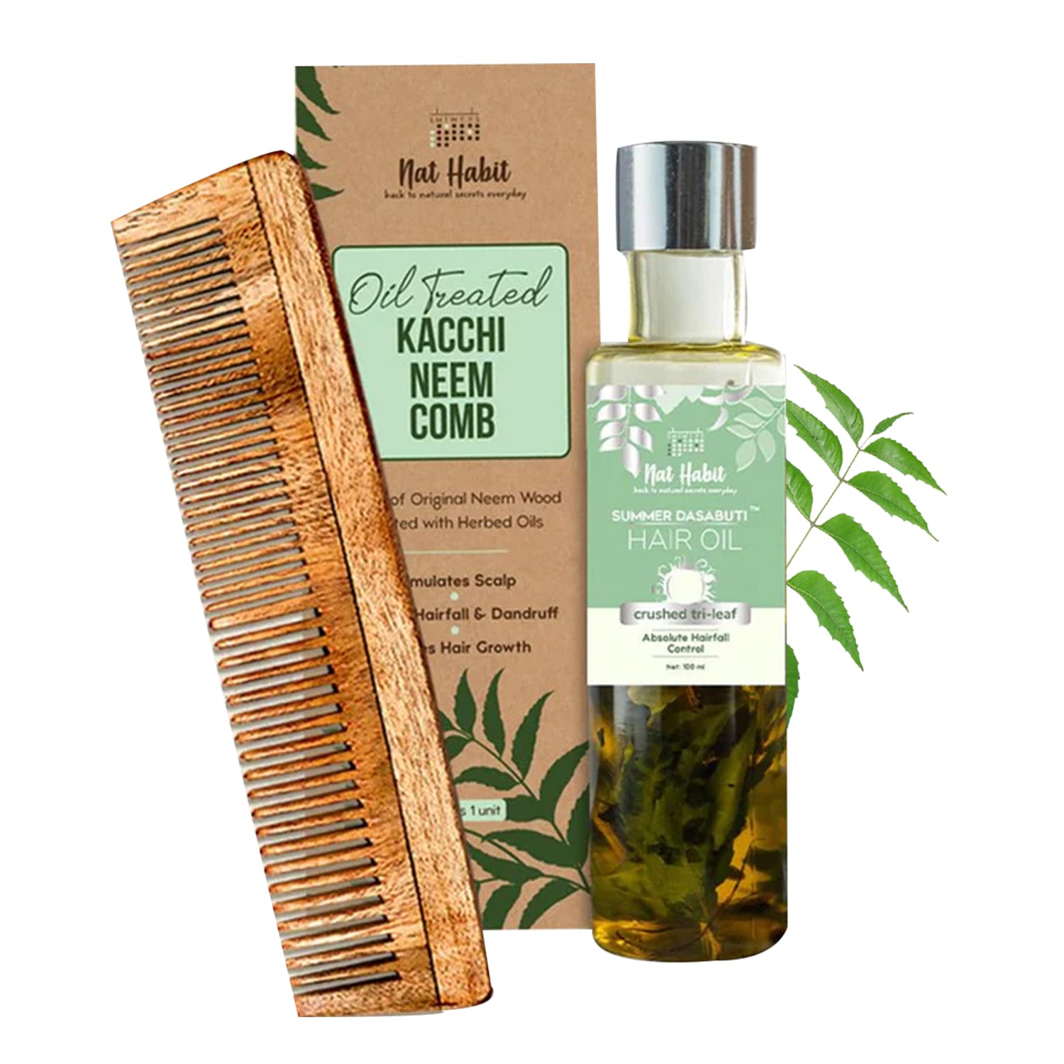 Nat Habit - Back To Natural Secrets Everyday Dual Tooth Wooden Kacchi Neem Comb & Trileaf Dasabuti Hair Oil For Dry And Frizzy Hair, With Castor, Coconut & Amla (Combo Pack Of 2)