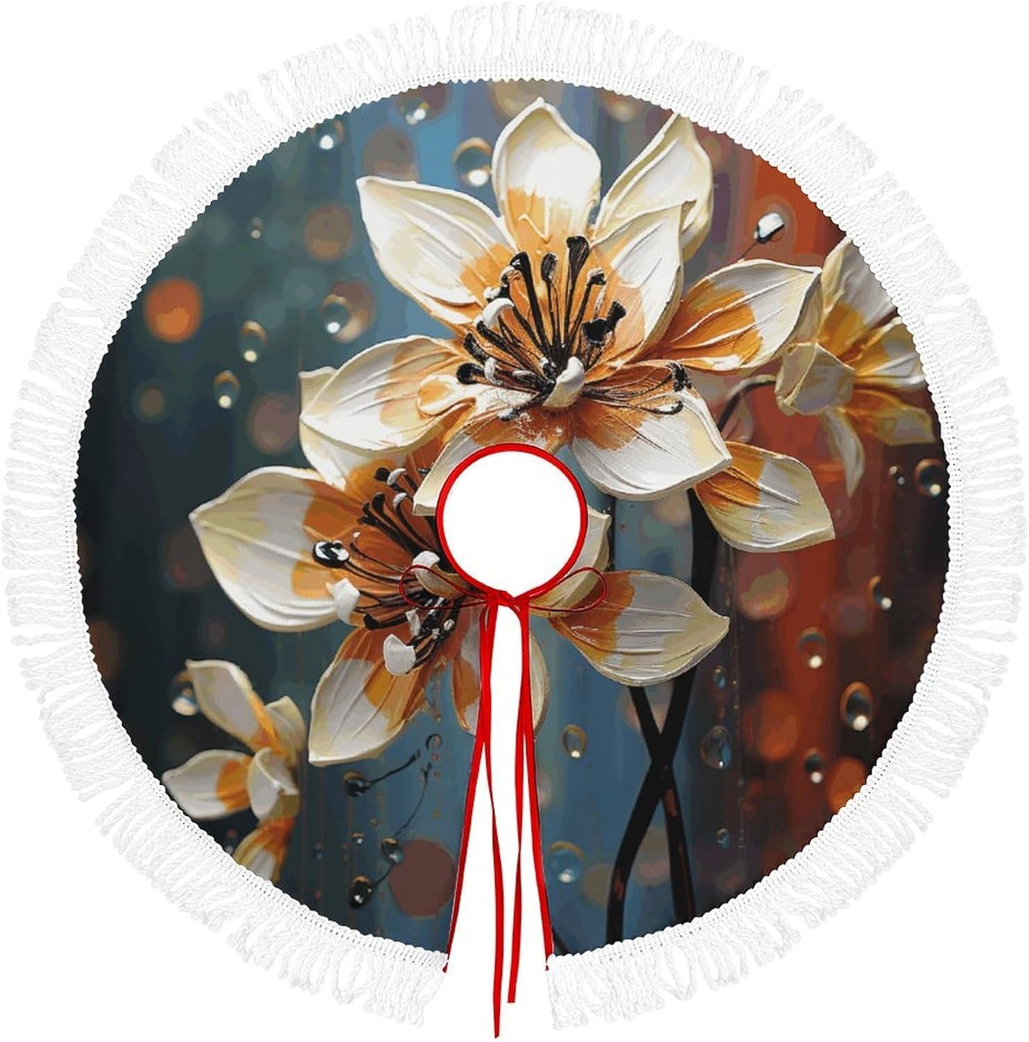 Modern Flower Christmas Tree Skirt with Tassels Winter Holiday Tree Mat Decoration Xmas Tree Skirts Christmas Ornament for Home Seasonal Decor