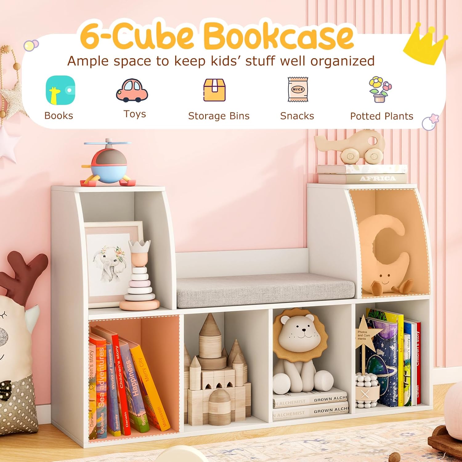 Toy Storage Organizer, Kids Bookshelf with Reading Nook, 6 Cubby Bookcase with Soft Seat Cushion, Toy Storage Bench, Book Shelf for Kids Rooms, Nursery, Living Room, Entryway (White)